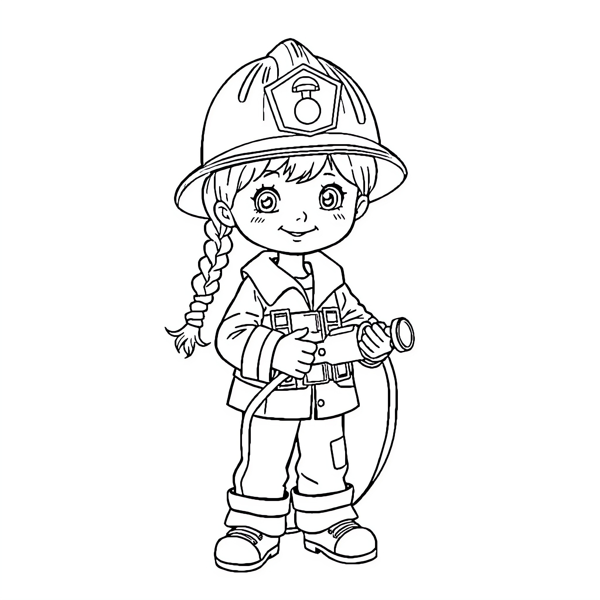 Girl firefighter in uniform with equipment Coloring Page (free black-and-white line drawing printable PDF for all, from beginners to advanced learners, including children, teens, adults, and seniors)
