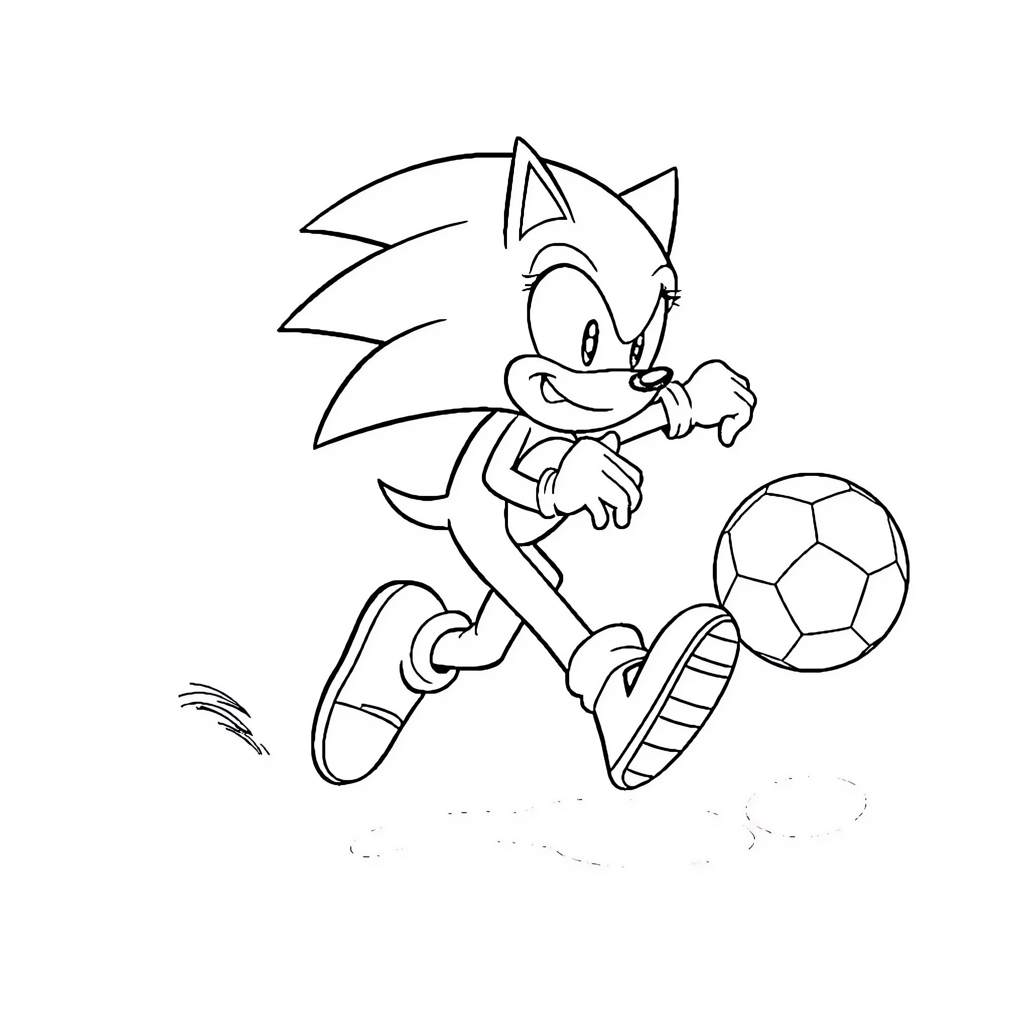 Sonic playing with soccer ball happily Coloring Page (free black-and-white line drawing printable PDF for all, from beginners to advanced learners, including children, teens, adults, and seniors)