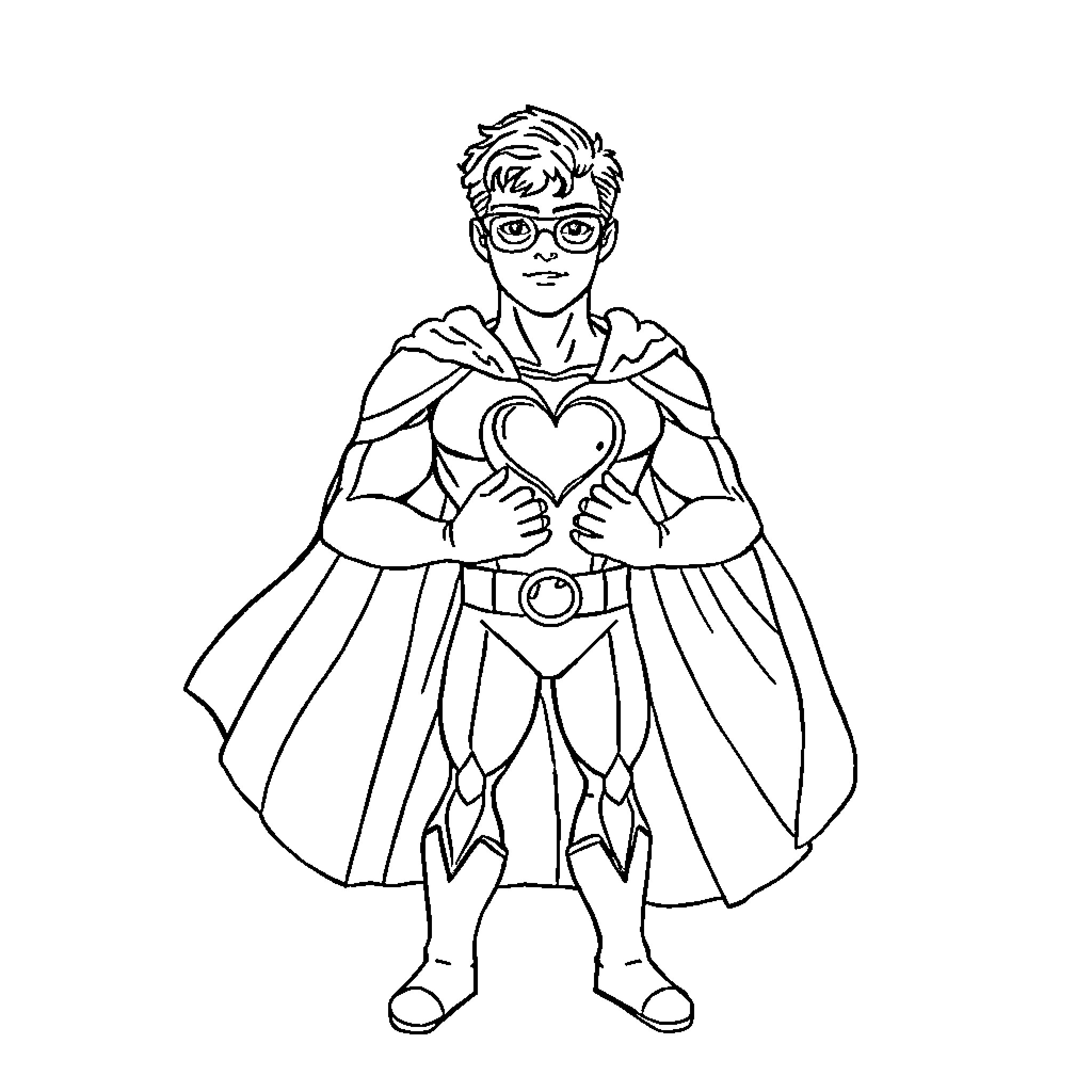 Hero in Heroic Outfit with Heart Symbol Coloring Page (free black-and-white line drawing printable PDF for all, from beginners to advanced learners, including children, teens, adults, and seniors)