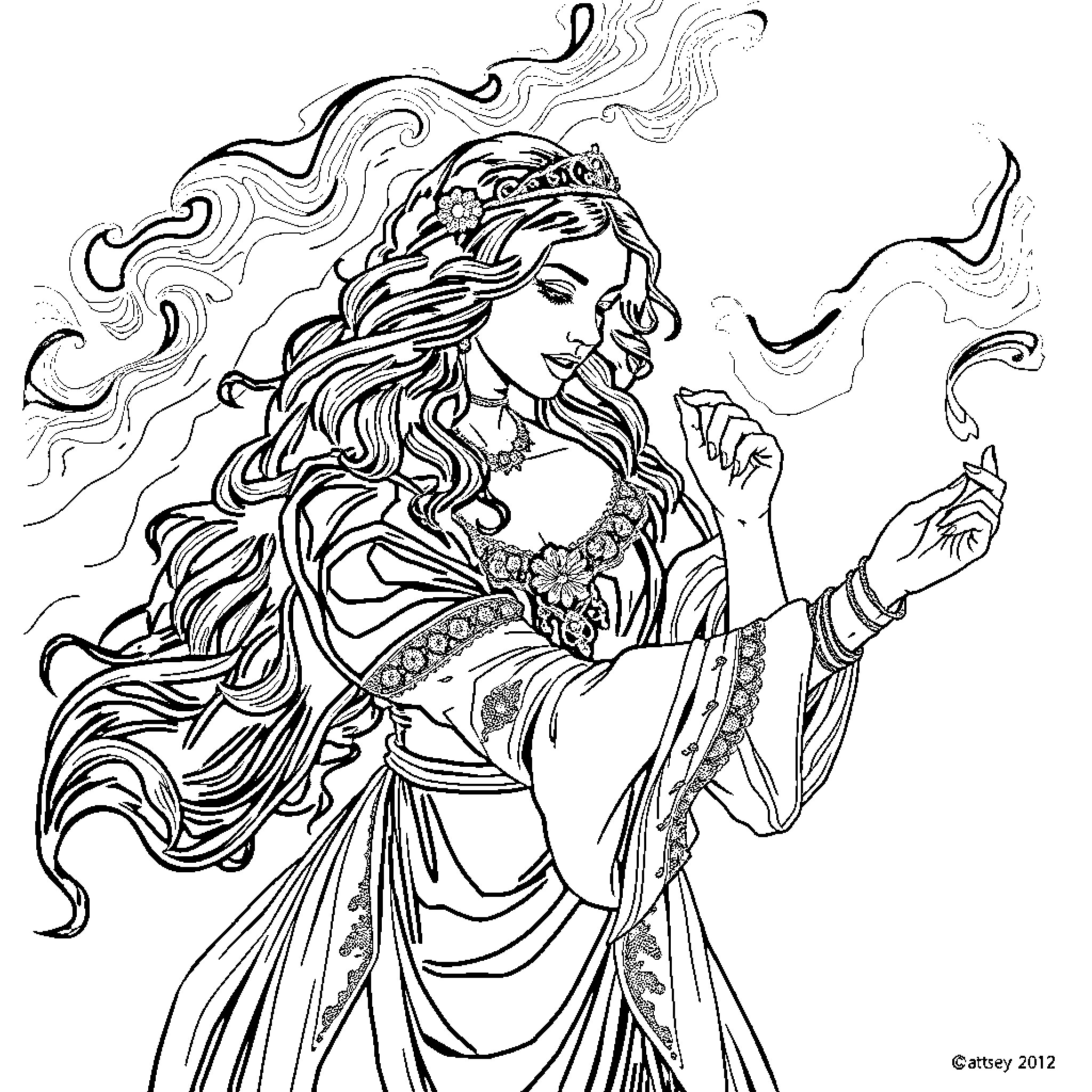 Gabriela's Enchanting Dreamscape Coloring Page (free black-and-white line drawing printable PDF for all, from beginners to advanced learners, including children, teens, adults, and seniors)