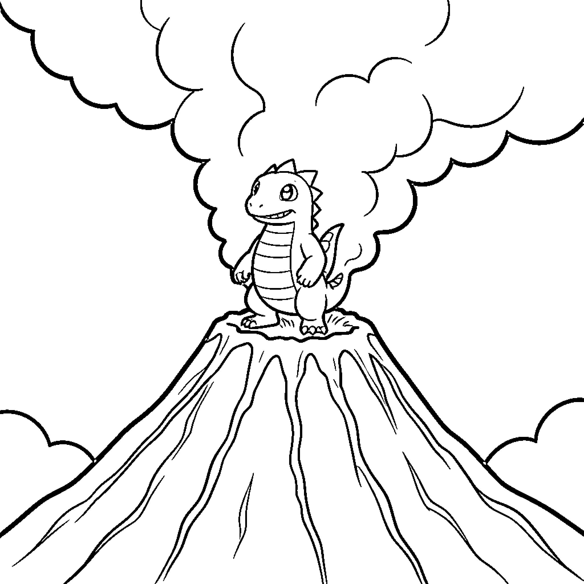 Salamèche standing proudly atop an erupting volcano Coloring Page (free black-and-white line drawing printable PDF for all, from beginners to advanced learners, including children, teens, adults, and seniors)