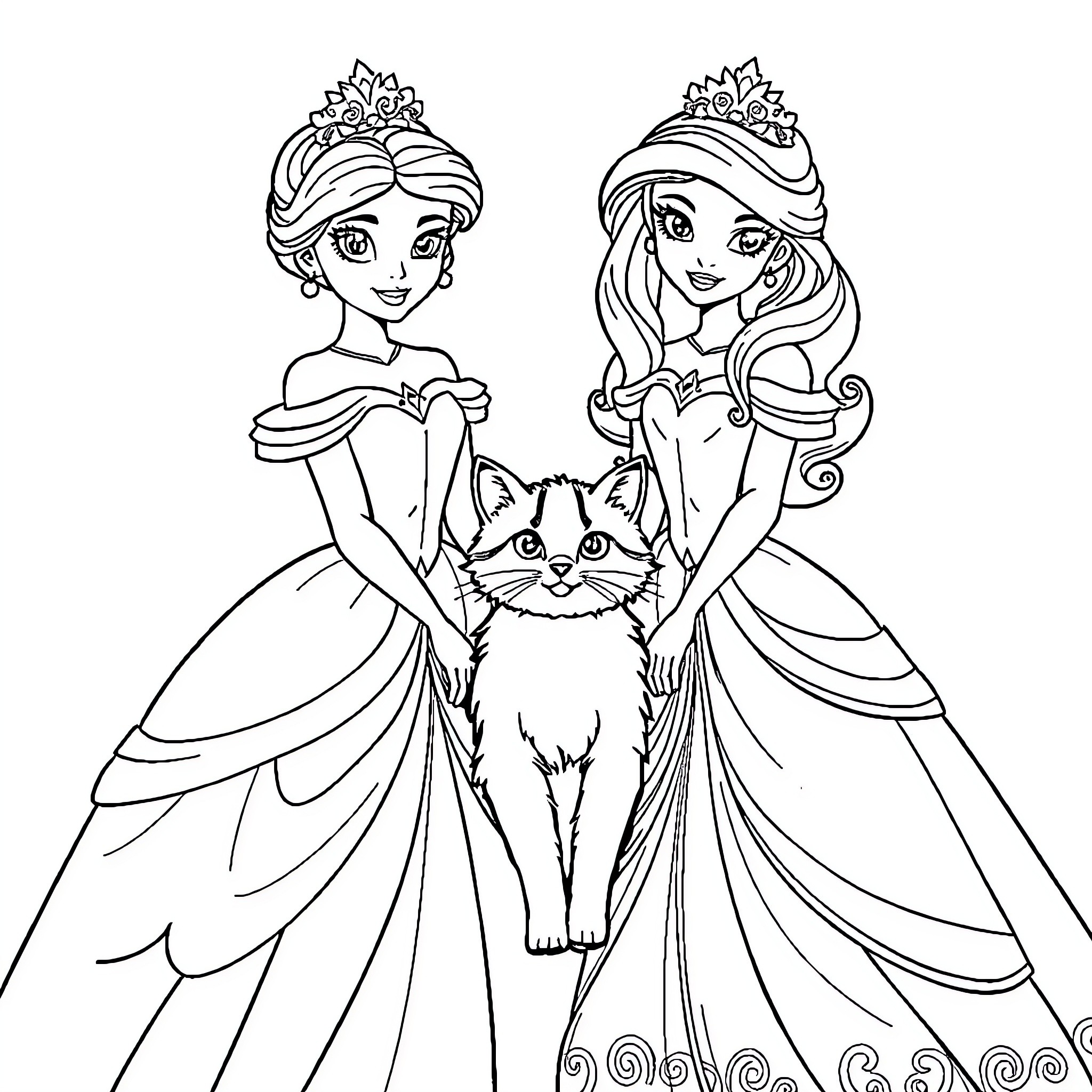 Princess Companions Holding Adorable Cat Coloring Page (free black-and-white line drawing printable PDF for all, from beginners to advanced learners, including children, teens, adults, and seniors)