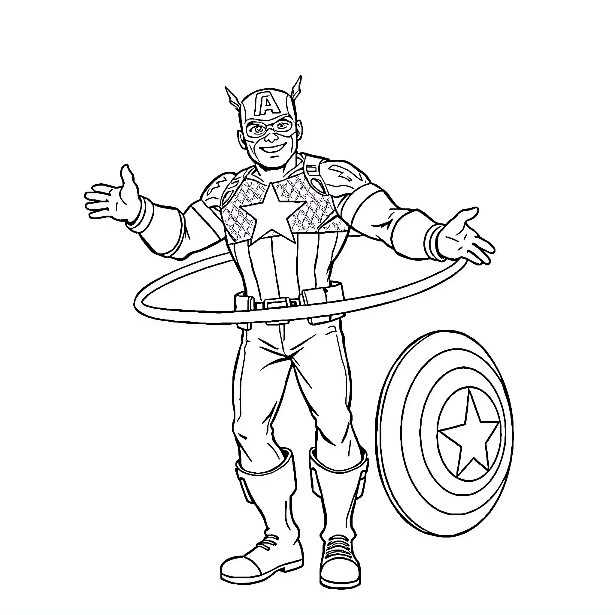 Captain America in heroic action pose Coloring Page (free black-and-white line drawing printable PDF for all, from beginners to advanced learners, including children, teens, adults, and seniors)