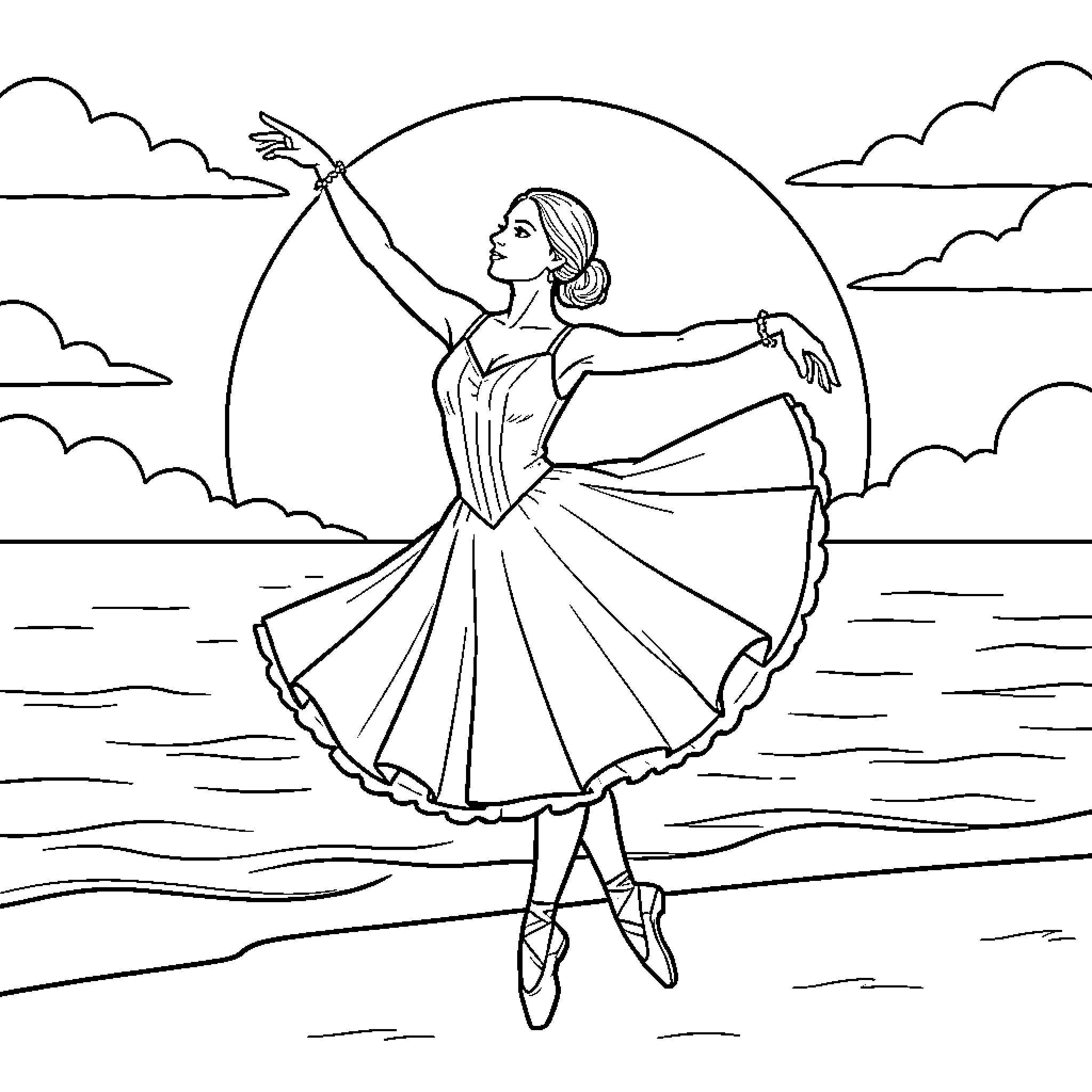 Dancer performing graceful movements on a beach Coloring Page (free black-and-white line drawing printable PDF for all, from beginners to advanced learners, including children, teens, adults, and seniors)