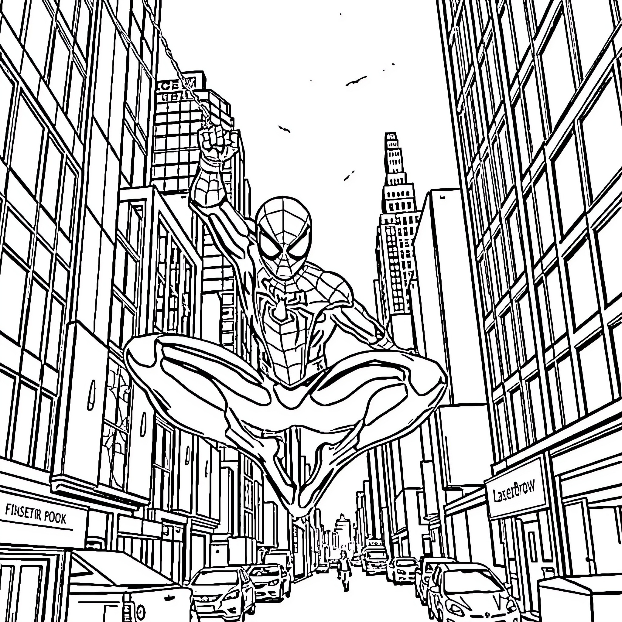 Spiderman swinging through the bustling city streets Coloring Page (free black-and-white line drawing printable PDF for all, from beginners to advanced learners, including children, teens, adults, and seniors)