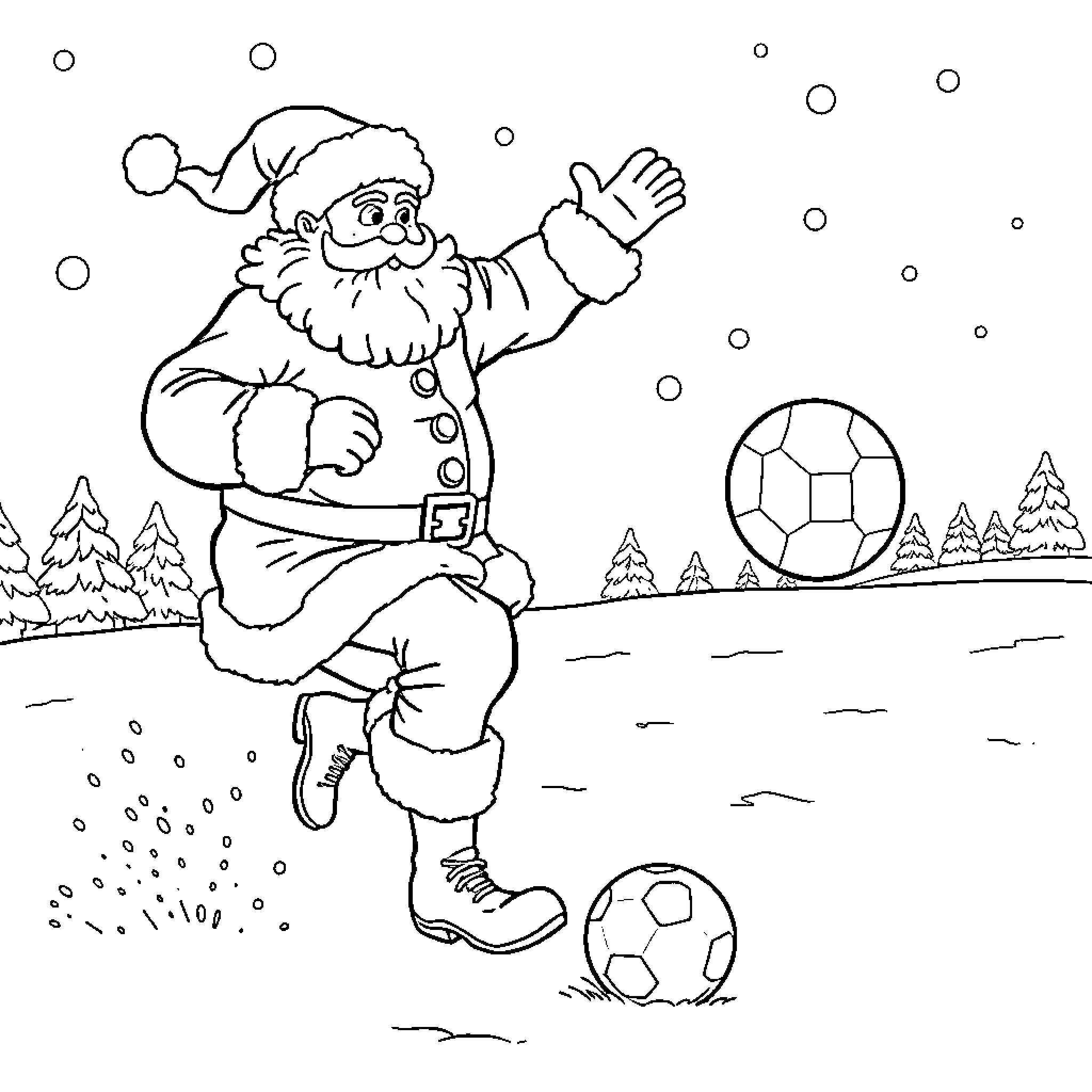 Santa Claus playing with soccer balls in the snow Coloring Page (free black-and-white line drawing printable PDF for all, from beginners to advanced learners, including children, teens, adults, and seniors)
