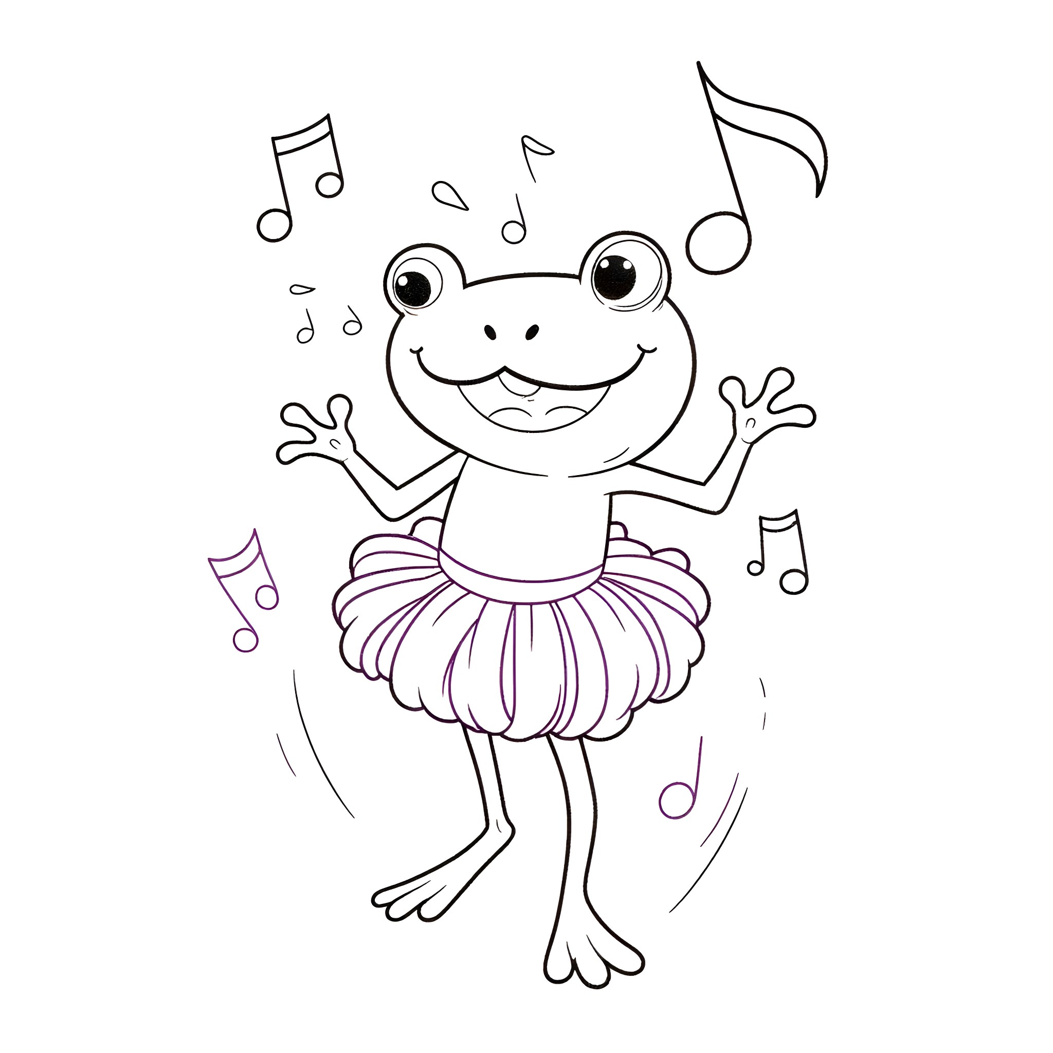 Frog dancing joyfully to music Coloring Page (free black-and-white line drawing printable PDF for all, from beginners to advanced learners, including children, teens, adults, and seniors)