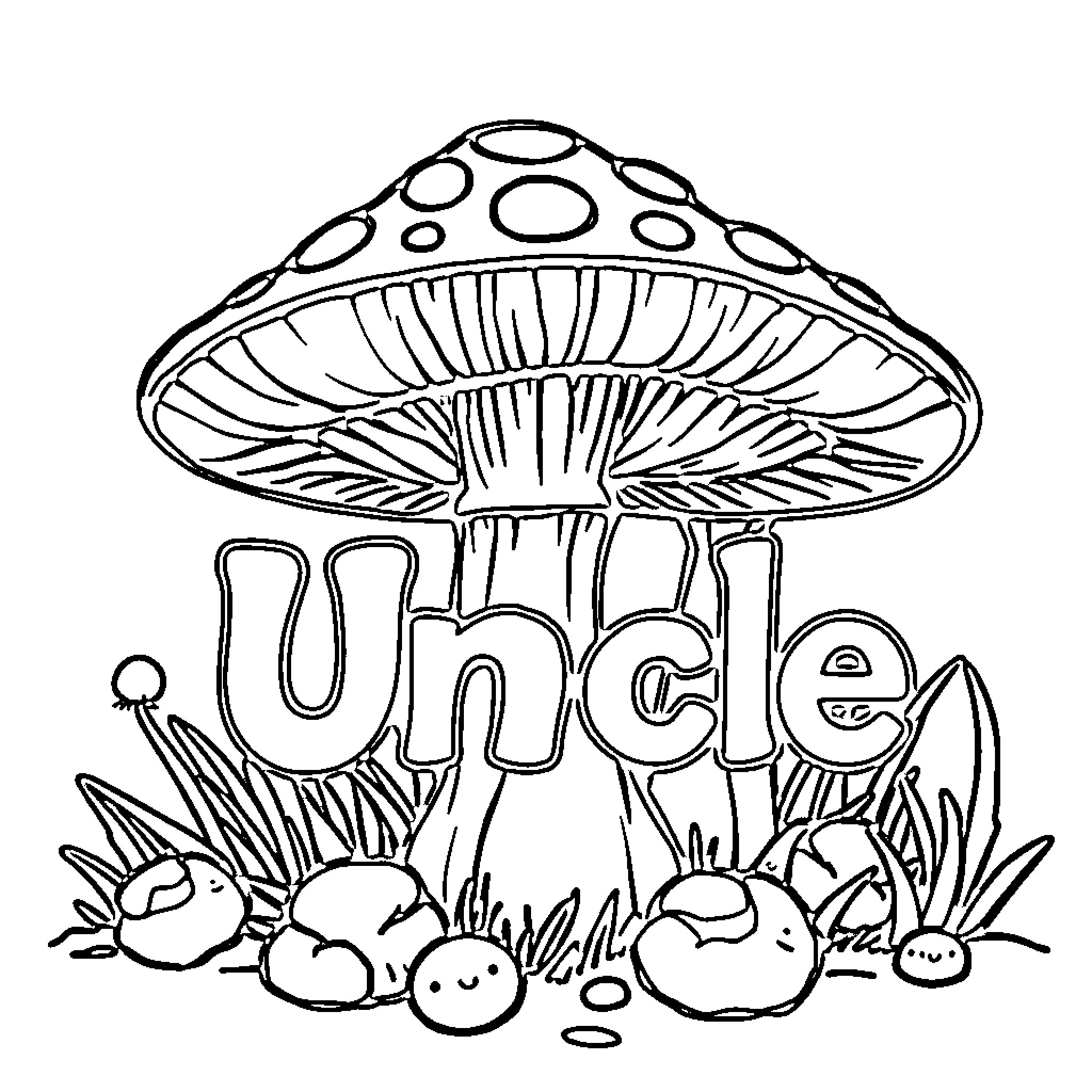 Mushroom family having fun in the garden Coloring Page (free black-and-white line drawing printable PDF for all, from beginners to advanced learners, including children, teens, adults, and seniors)