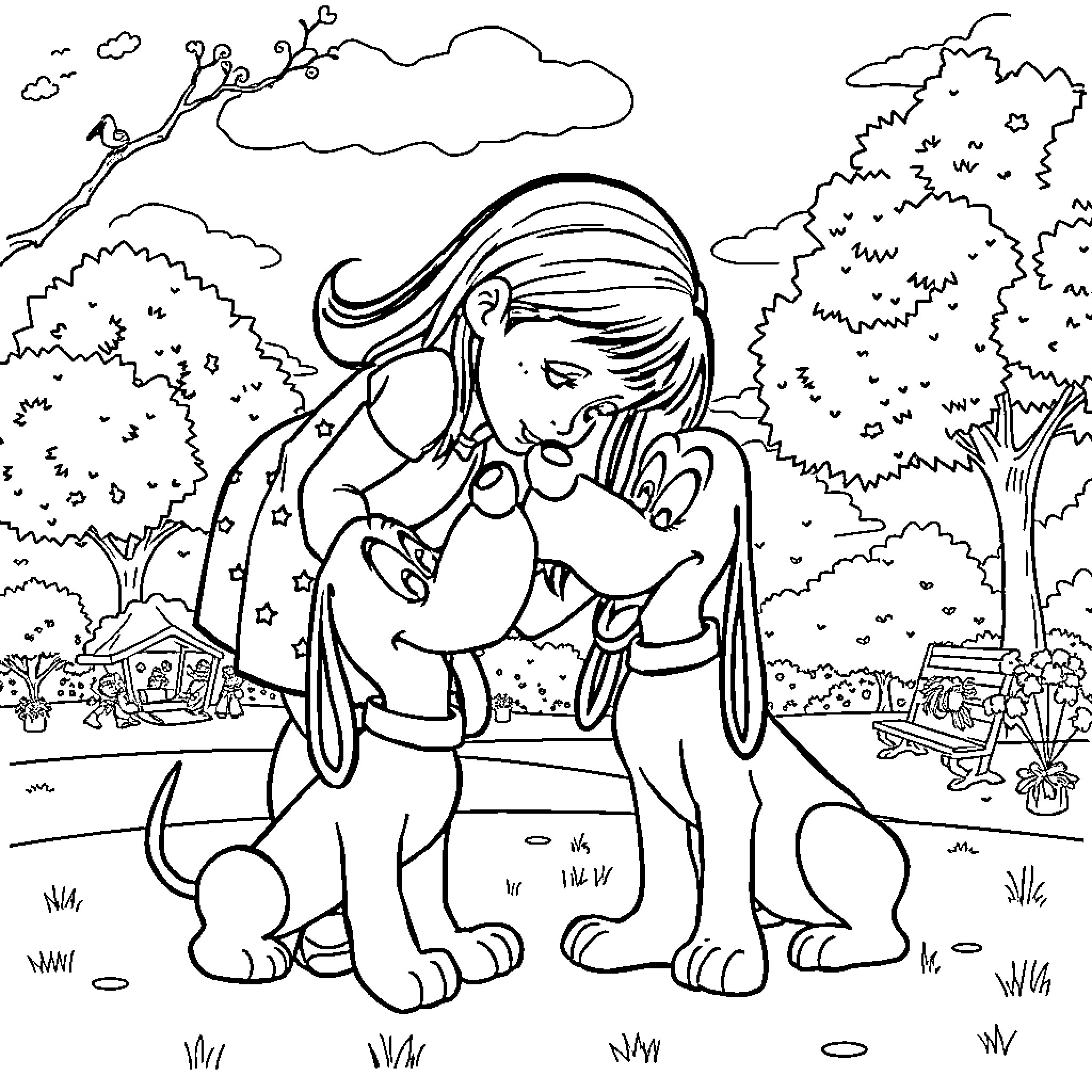 Mickey's Playful Day with Pup in the Park Coloring Page (free black-and-white line drawing printable PDF for all, from beginners to advanced learners, including children, teens, adults, and seniors)