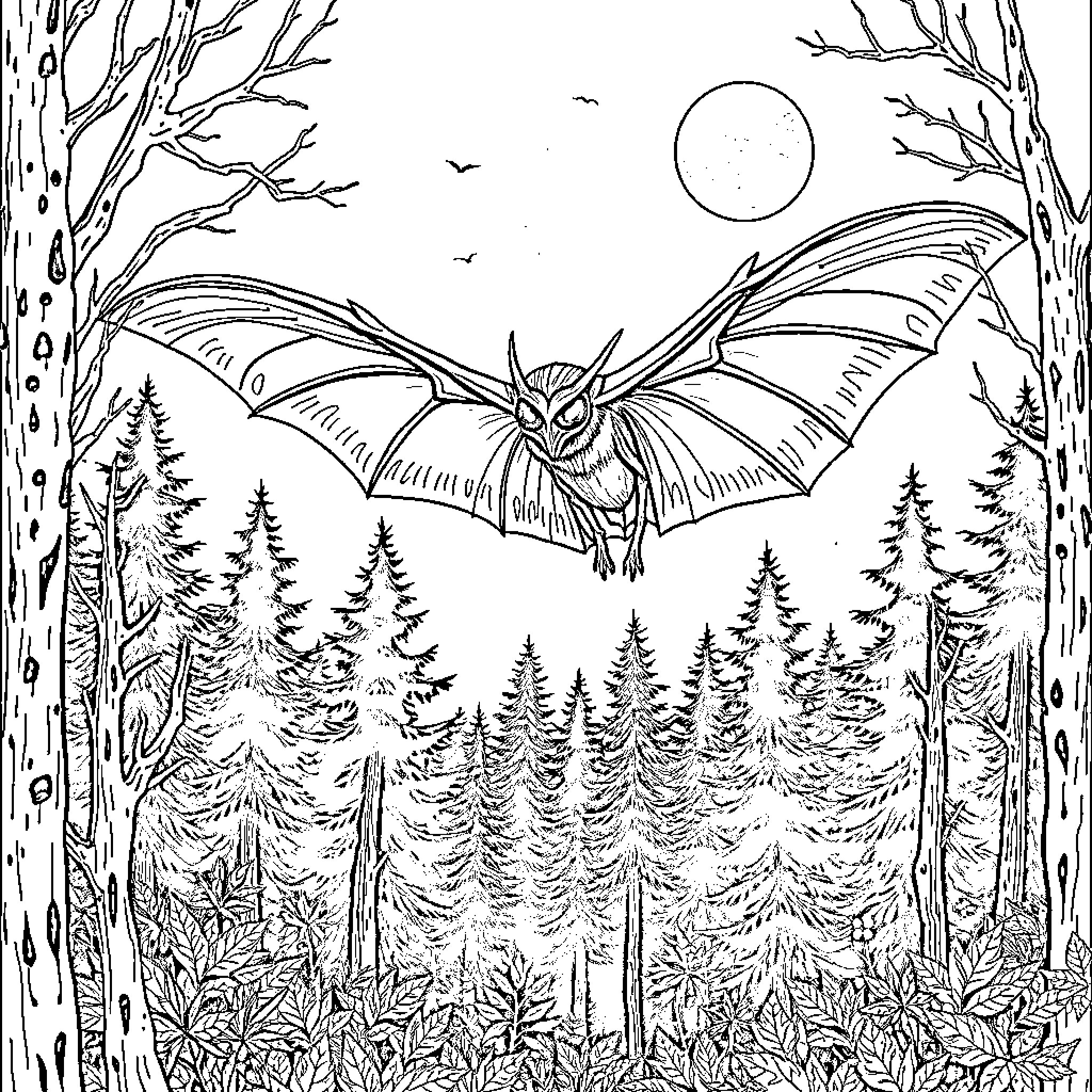 Mothman soaring above the eerie forest at night Coloring Page (free black-and-white line drawing printable PDF for all, from beginners to advanced learners, including children, teens, adults, and seniors)