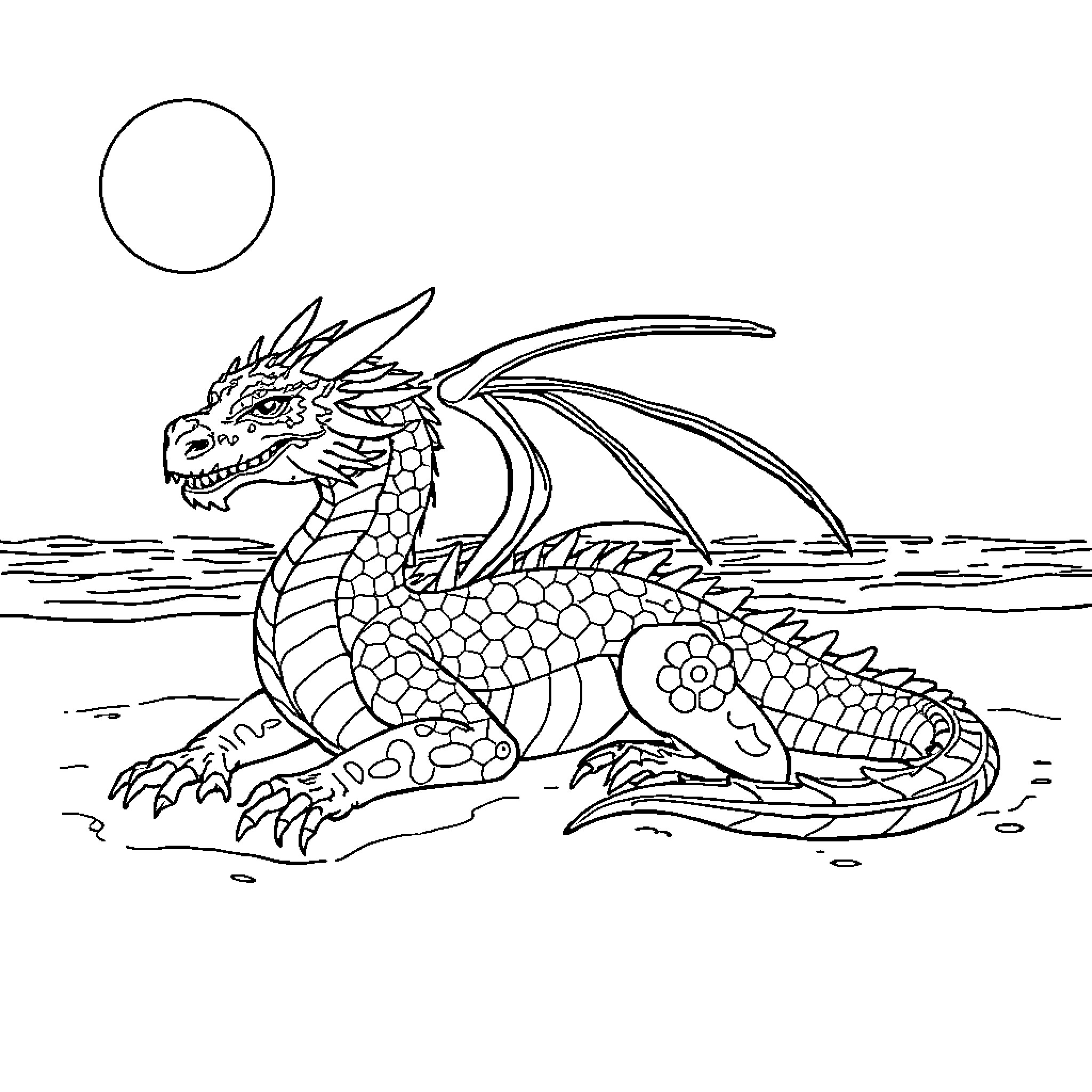 Dragon resting peacefully in the river Coloring Page (free black-and-white line drawing printable PDF for all, from beginners to advanced learners, including children, teens, adults, and seniors)