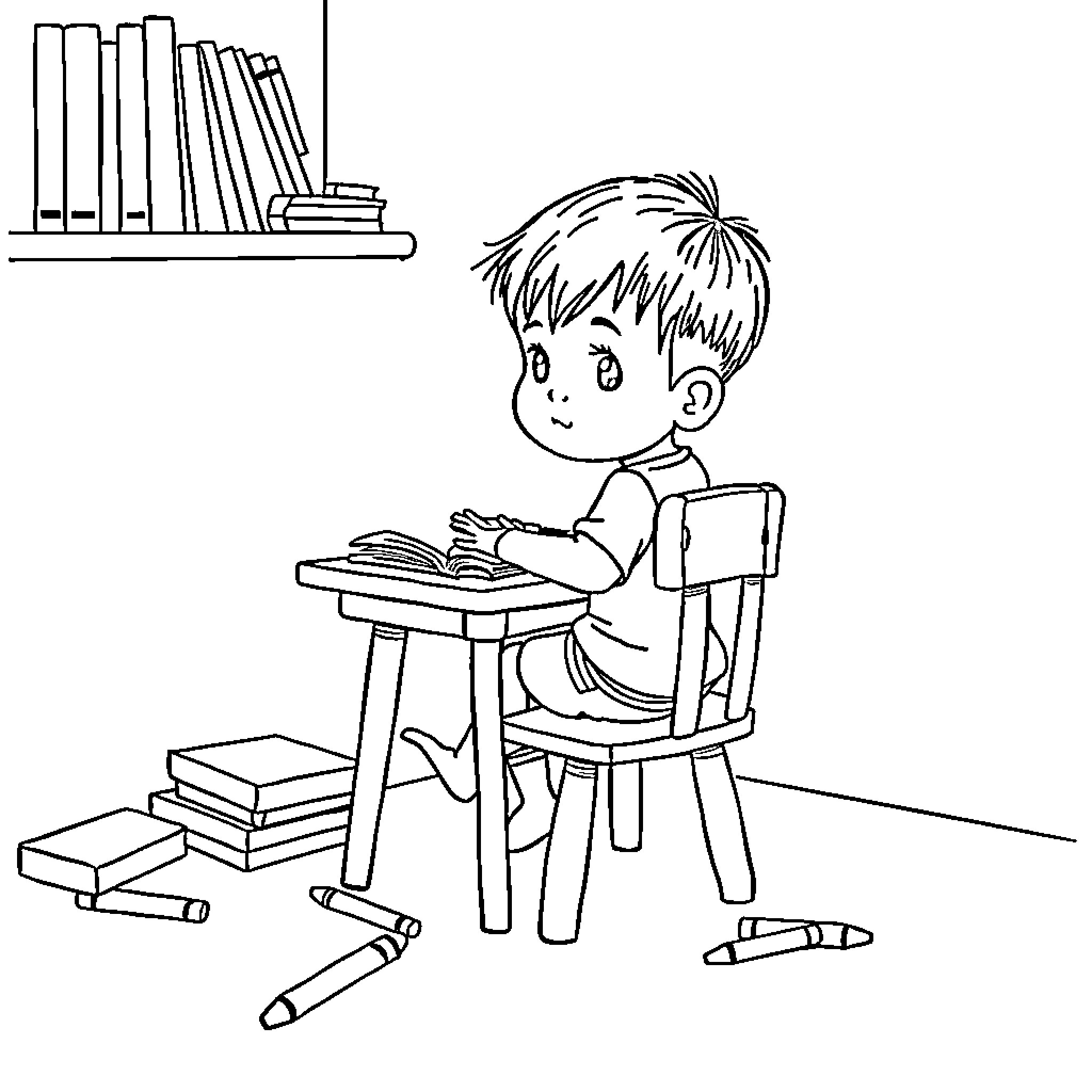 Child Studying Diligently at Desk with Books Coloring Page (free black-and-white line drawing printable PDF for all, from beginners to advanced learners, including children, teens, adults, and seniors)