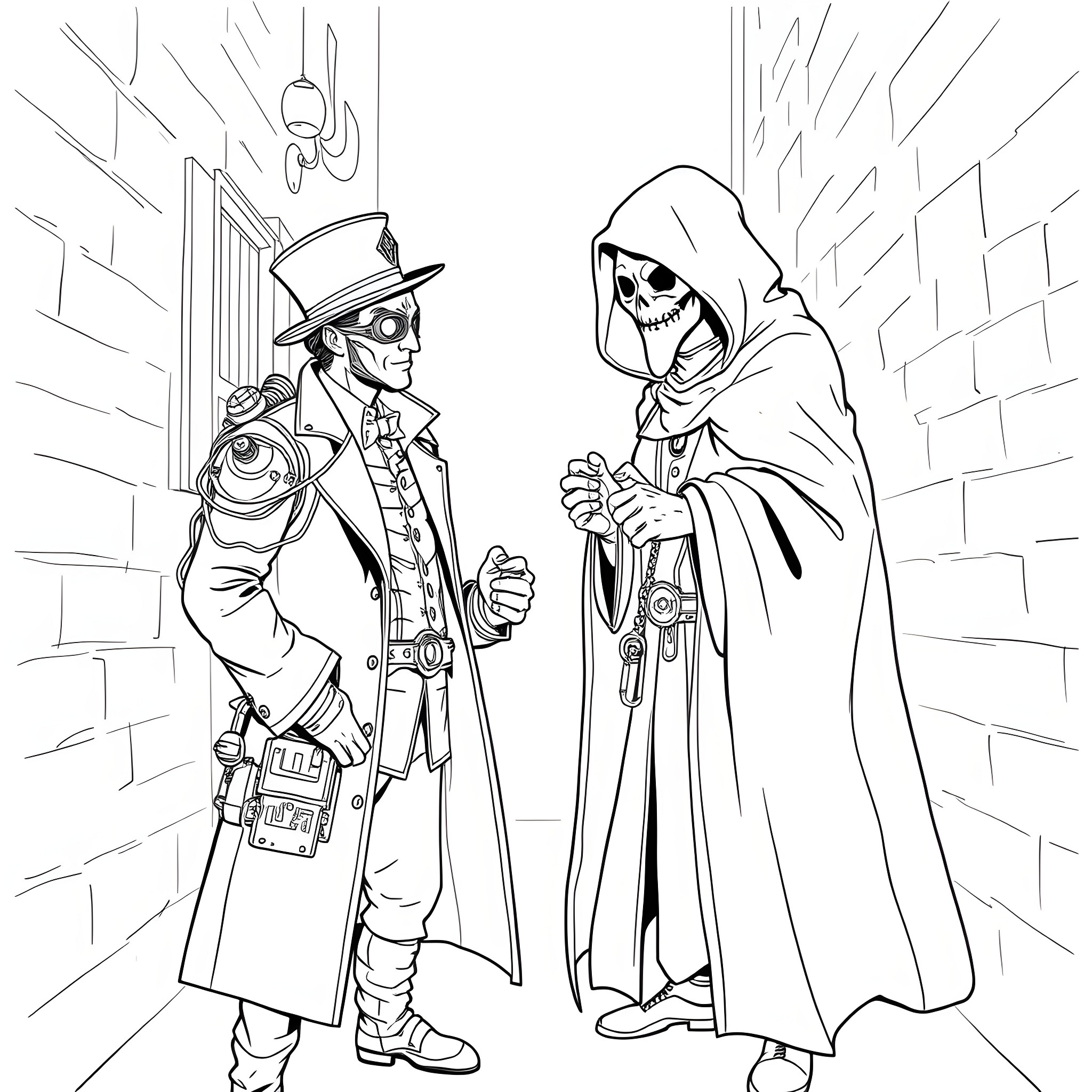 Doctor Confronting Mysterious Hooded Figure in Alley Coloring Page (free black-and-white line drawing printable PDF for all, from beginners to advanced learners, including children, teens, adults, and seniors)