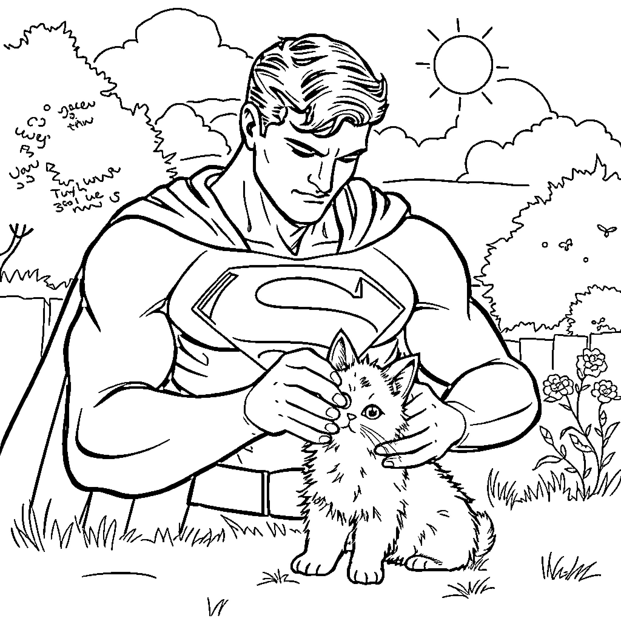 Superman caring for a small animal in nature Coloring Page (free black-and-white line drawing printable PDF for all, from beginners to advanced learners, including children, teens, adults, and seniors)