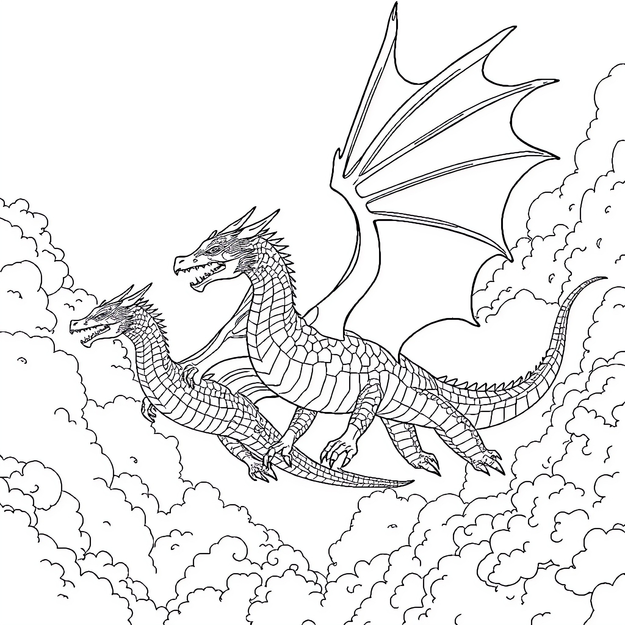 Dragon duo soaring through cloudy skies Coloring Page (free black-and-white line drawing printable PDF for all, from beginners to advanced learners, including children, teens, adults, and seniors)