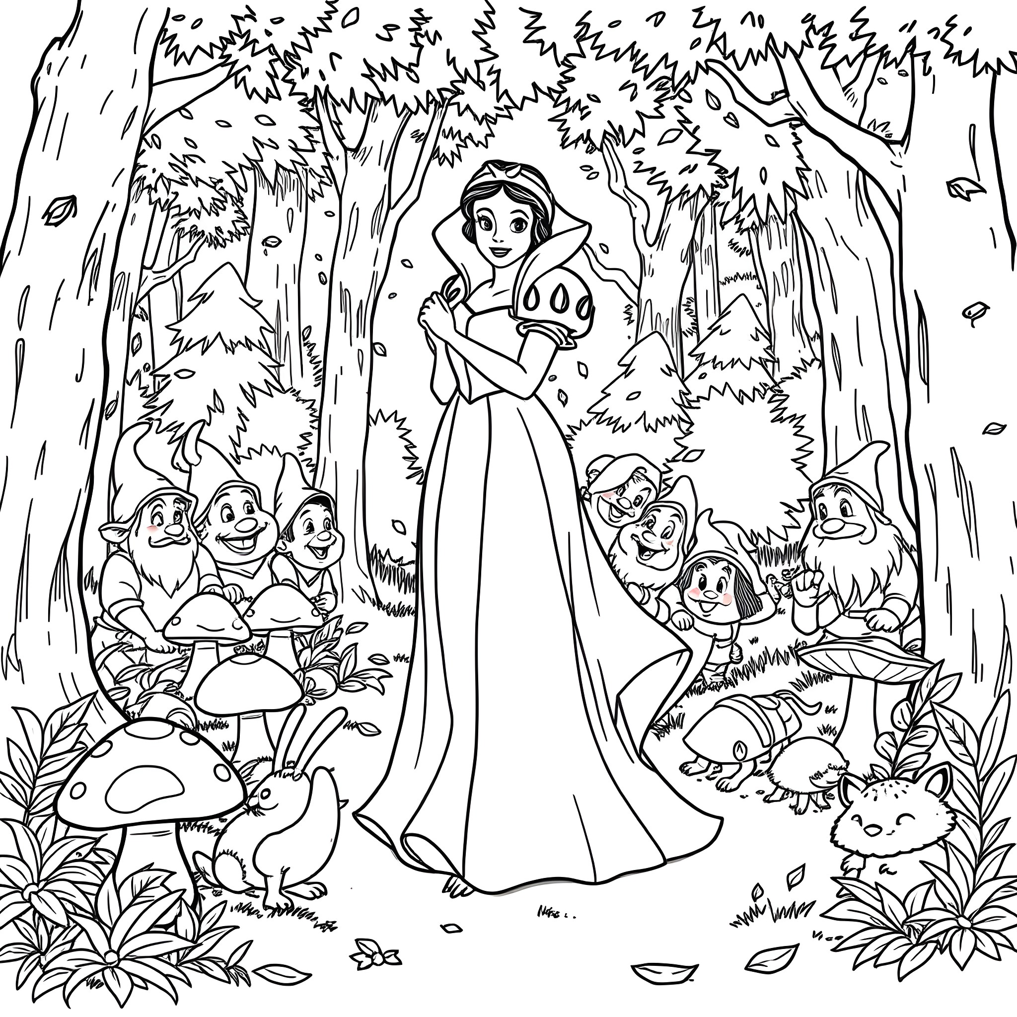 Snow White strolling through the enchanted forest with dwarfs Coloring Page (free black-and-white line drawing printable PDF for all, from beginners to advanced learners, including children, teens, adults, and seniors)
