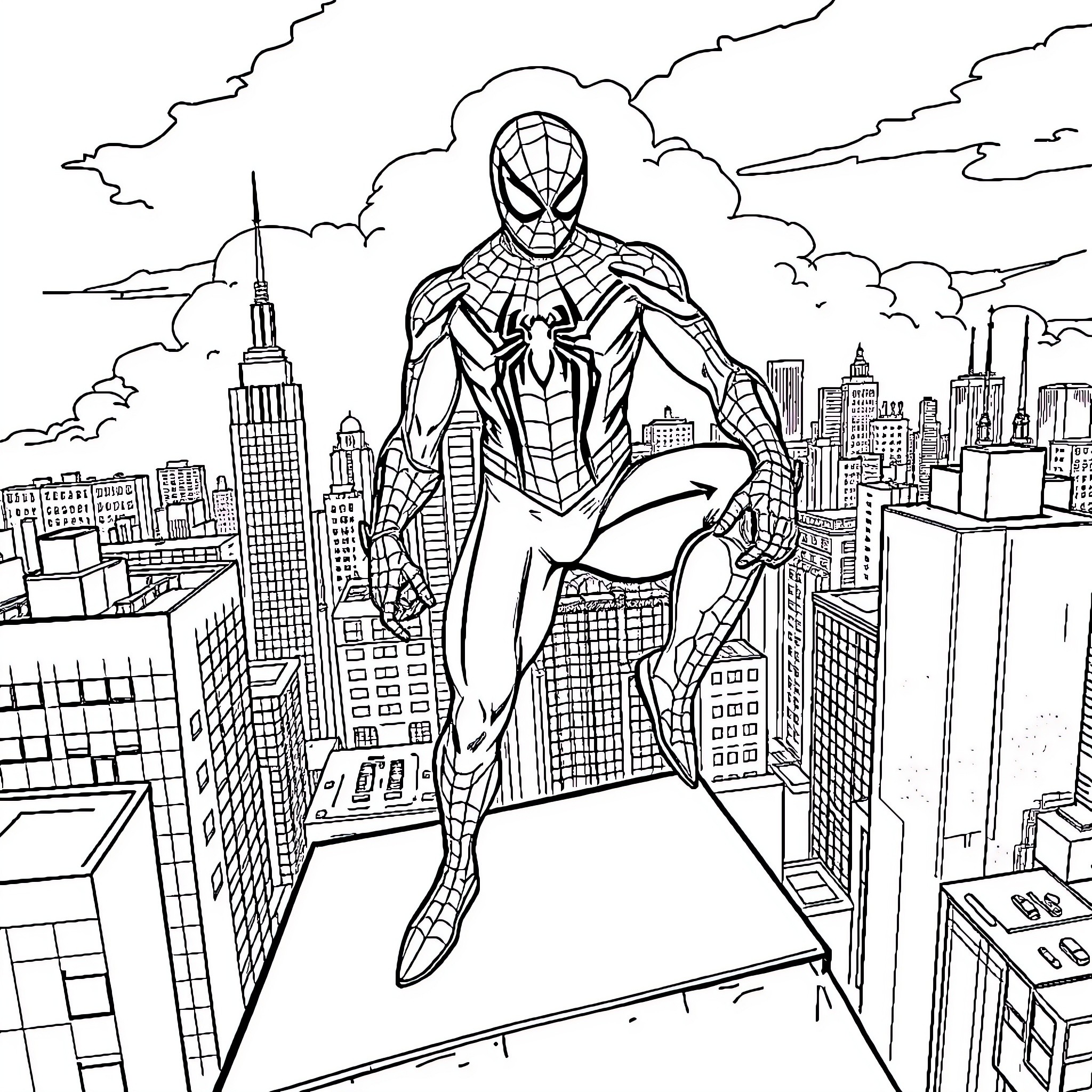 Spiderman swinging through the city skyline Coloring Page (free black-and-white line drawing printable PDF for all, from beginners to advanced learners, including children, teens, adults, and seniors)