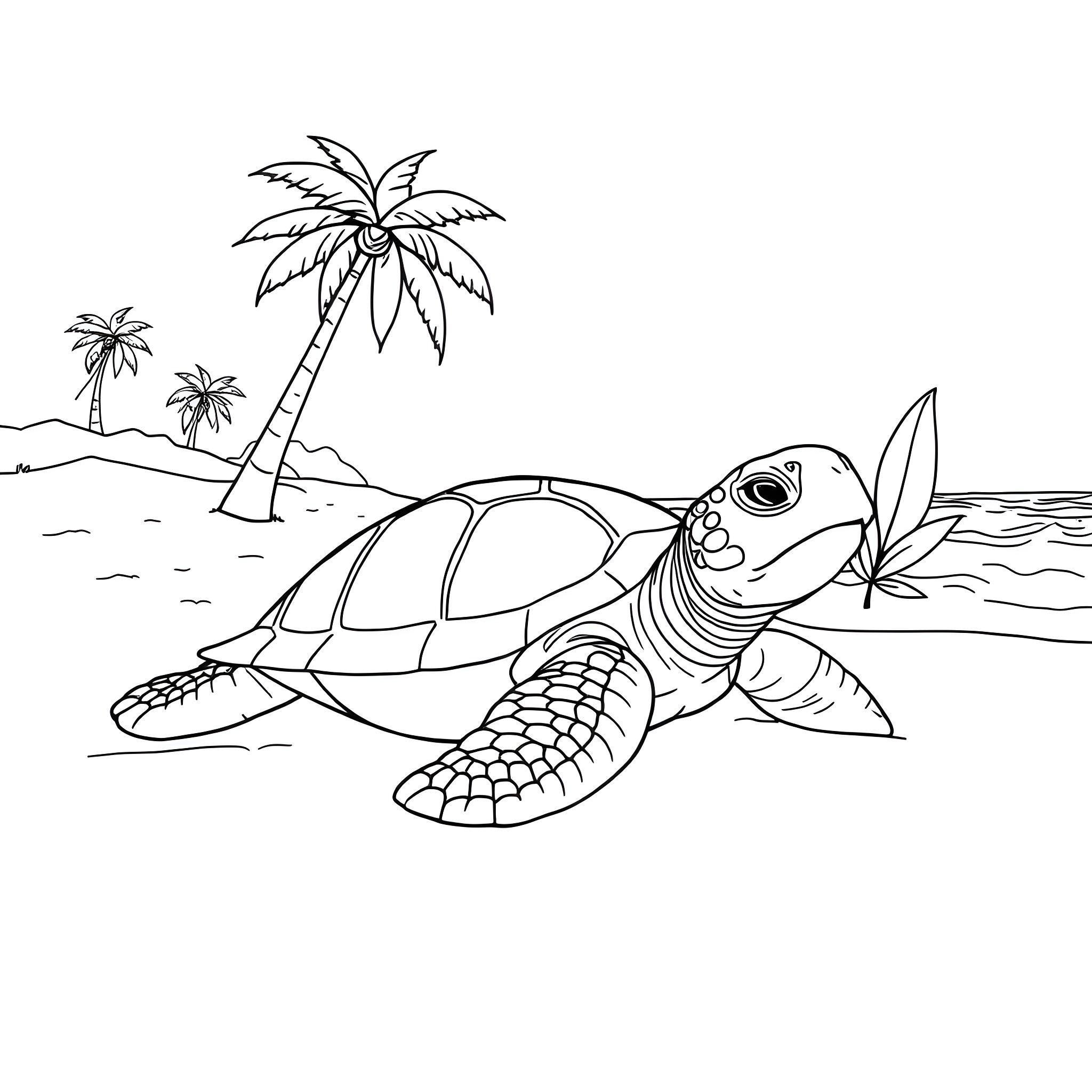 Turtle swimming in tropical beach Coloring Page (free black-and-white line drawing printable PDF for all, from beginners to advanced learners, including children, teens, adults, and seniors)