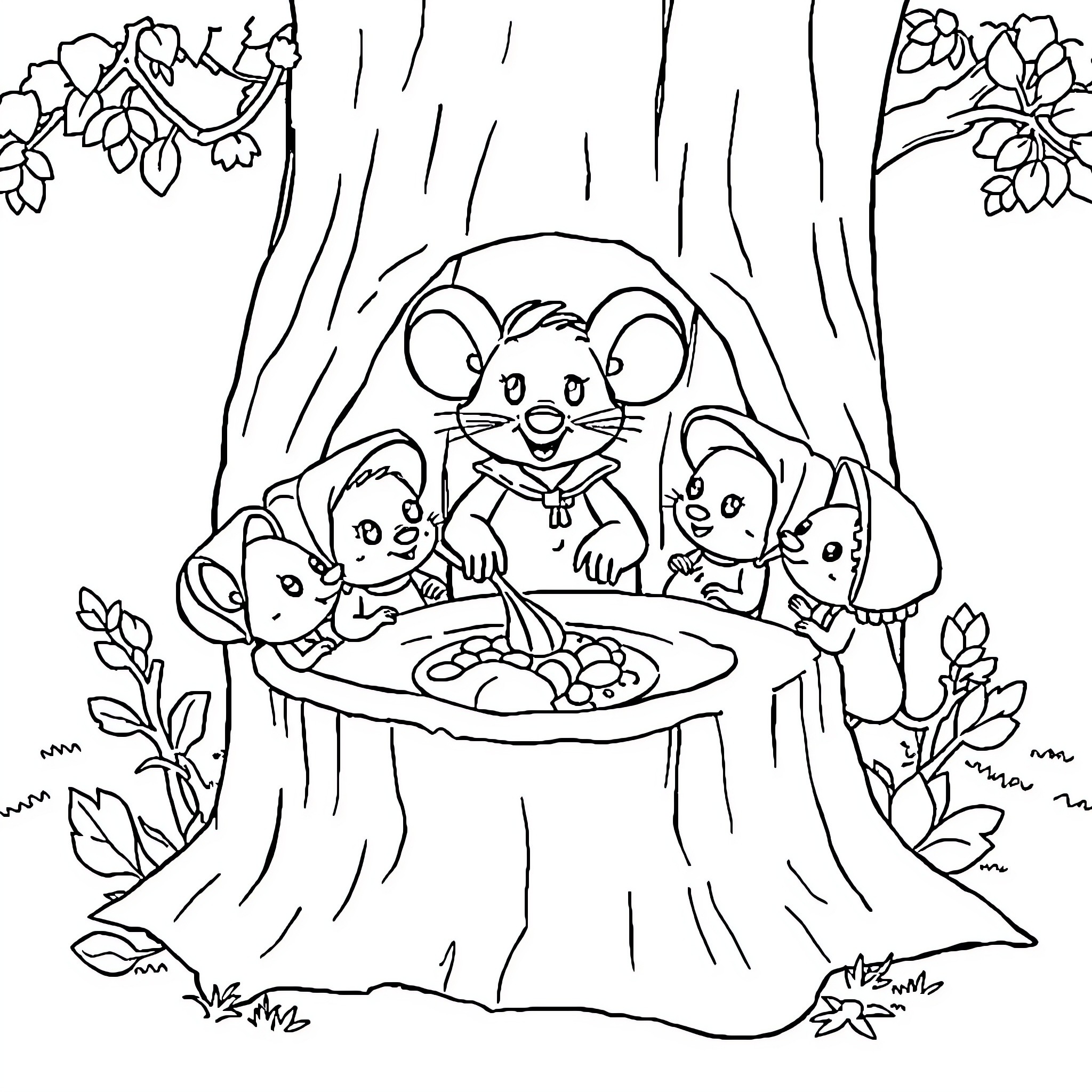 Mouse family enjoying a meal in the forest Coloring Page (free black-and-white line drawing printable PDF for all, from beginners to advanced learners, including children, teens, adults, and seniors)