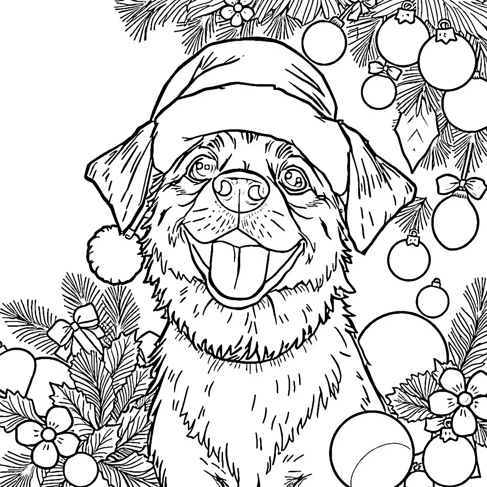 Dog in Santa hat surrounded by Christmas decorations Coloring Page (free black-and-white line drawing printable PDF for all, from beginners to advanced learners, including children, teens, adults, and seniors)