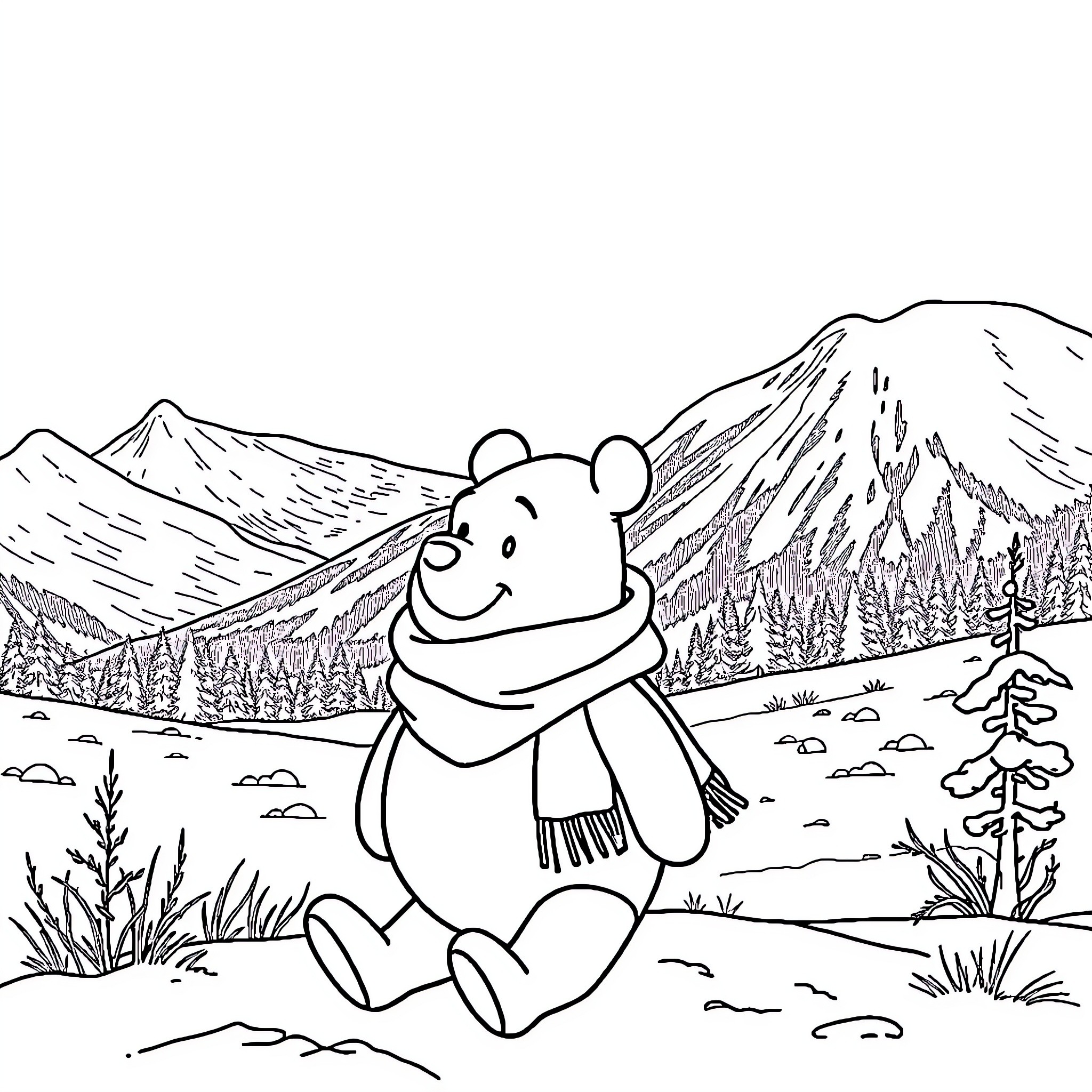 Winnie The Pooh enjoying the mountain scenery Coloring Page (free black-and-white line drawing printable PDF for all, from beginners to advanced learners, including children, teens, adults, and seniors)