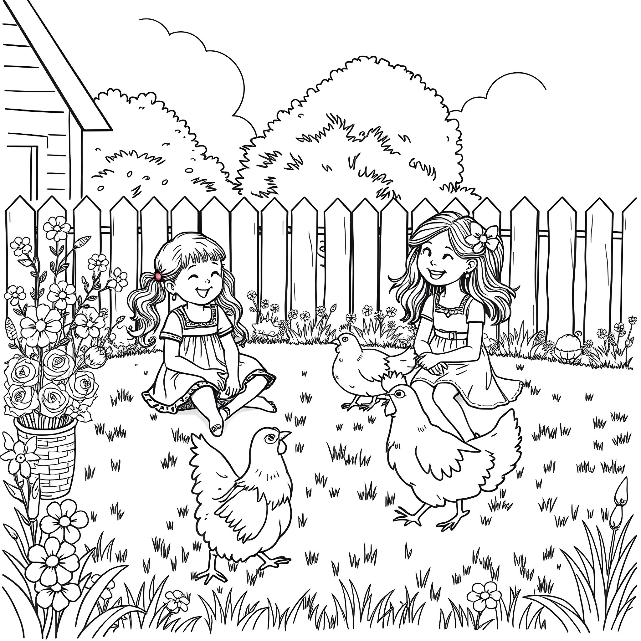 Girls playing with chickens in a garden Coloring Page (free black-and-white line drawing printable PDF for all, from beginners to advanced learners, including children, teens, adults, and seniors)