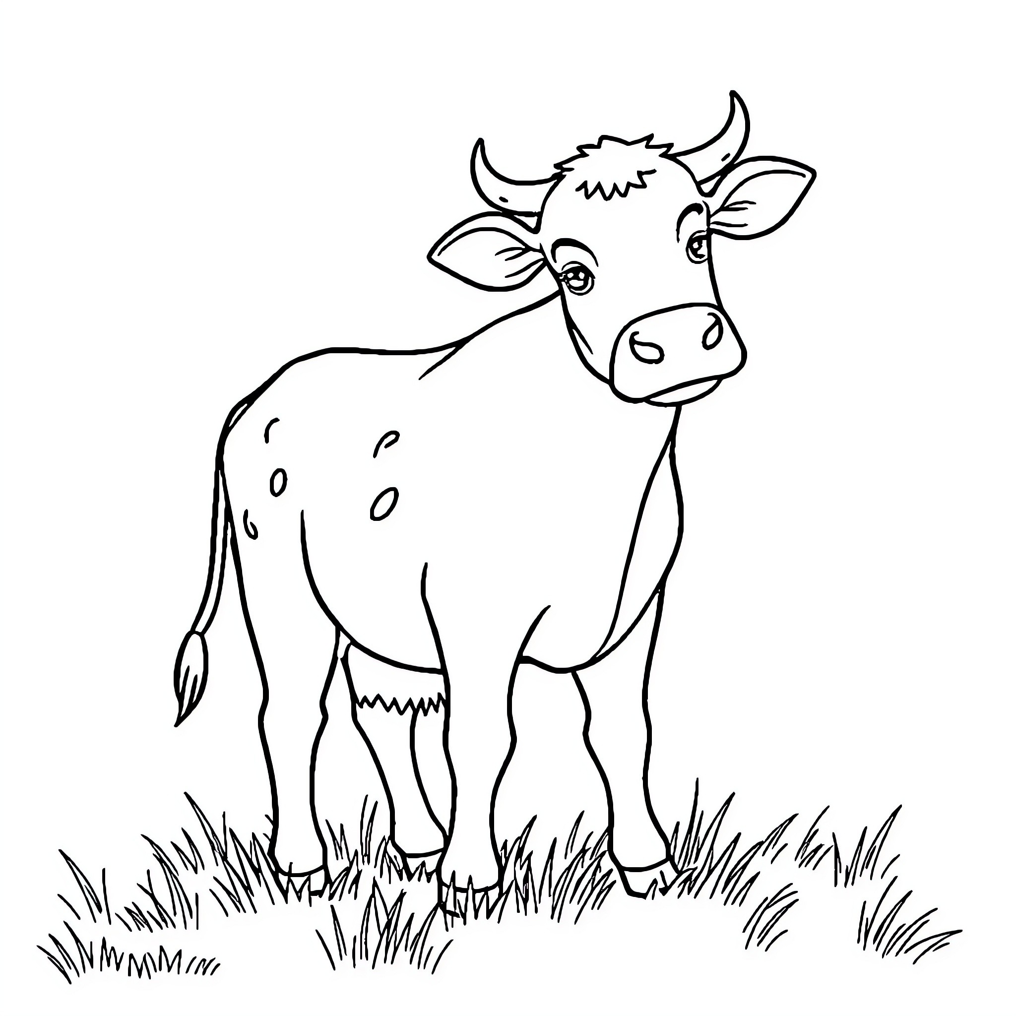 Cow standing in the field Coloring Page (free black-and-white line drawing printable PDF for all, from beginners to advanced learners, including children, teens, adults, and seniors)