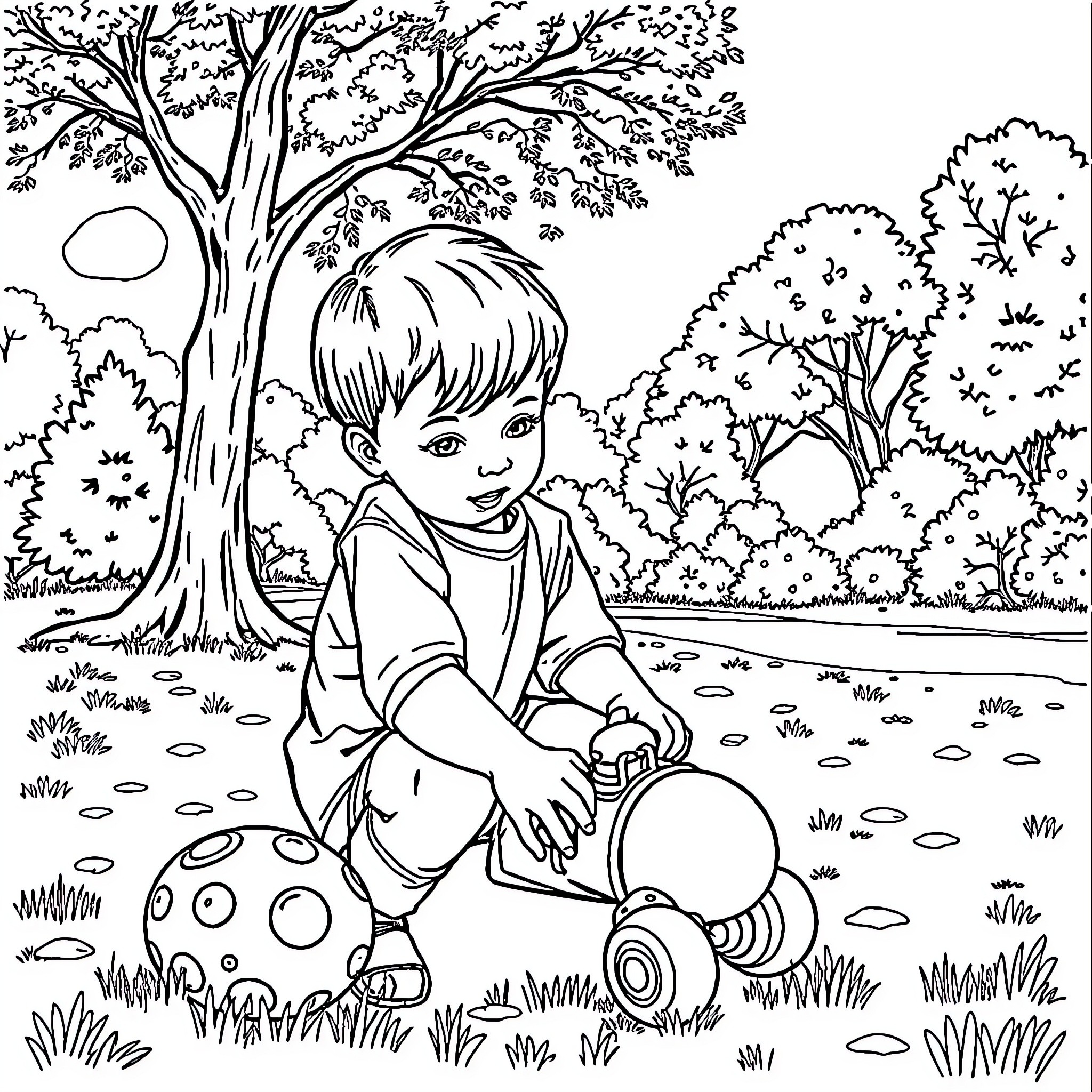 Boy playing with ball in nature Coloring Page (free black-and-white line drawing printable PDF for all, from beginners to advanced learners, including children, teens, adults, and seniors)