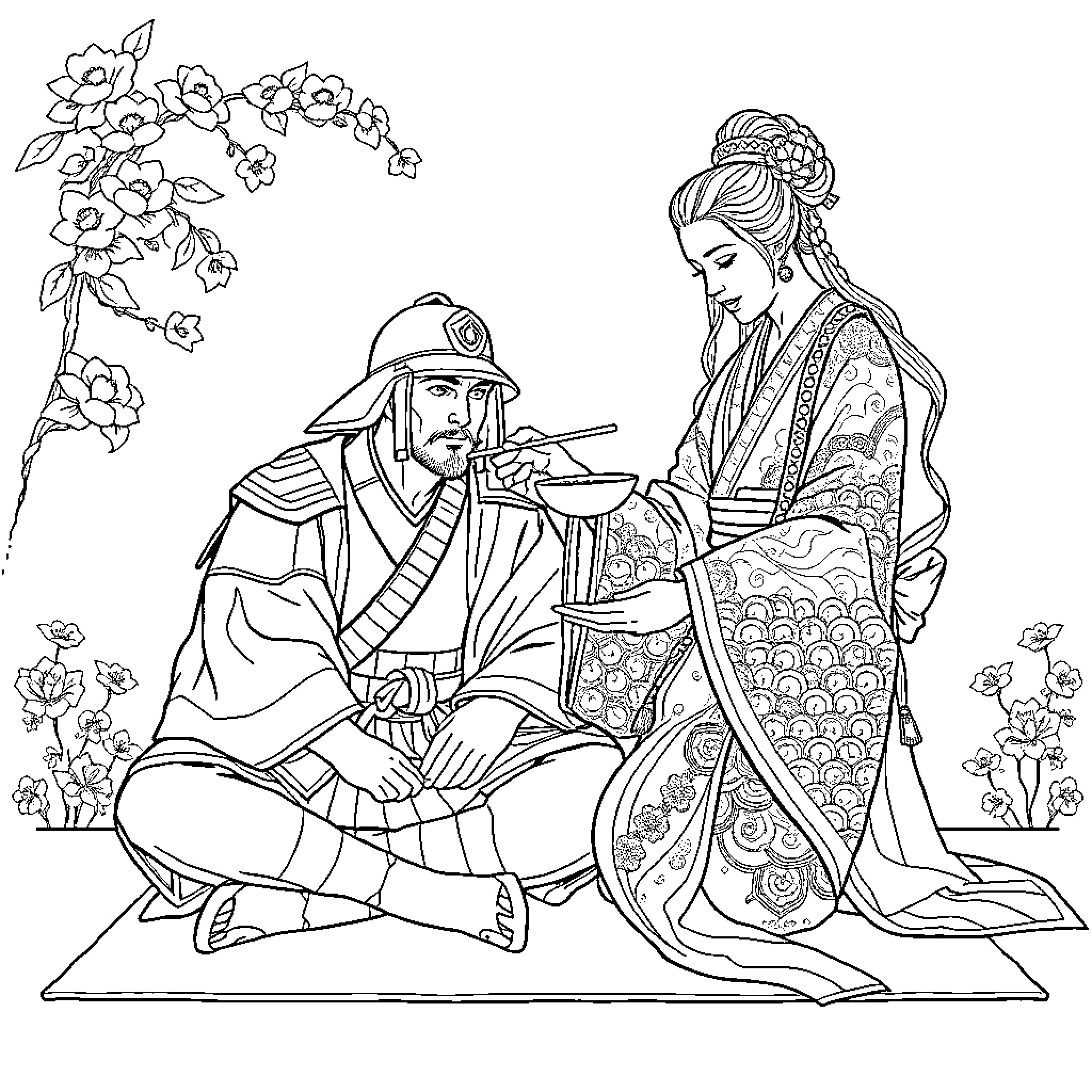 Samurai warriors engaged in conversation with ornate clothing Coloring Page (free black-and-white line drawing printable PDF for all, from beginners to advanced learners, including children, teens, adults, and seniors)