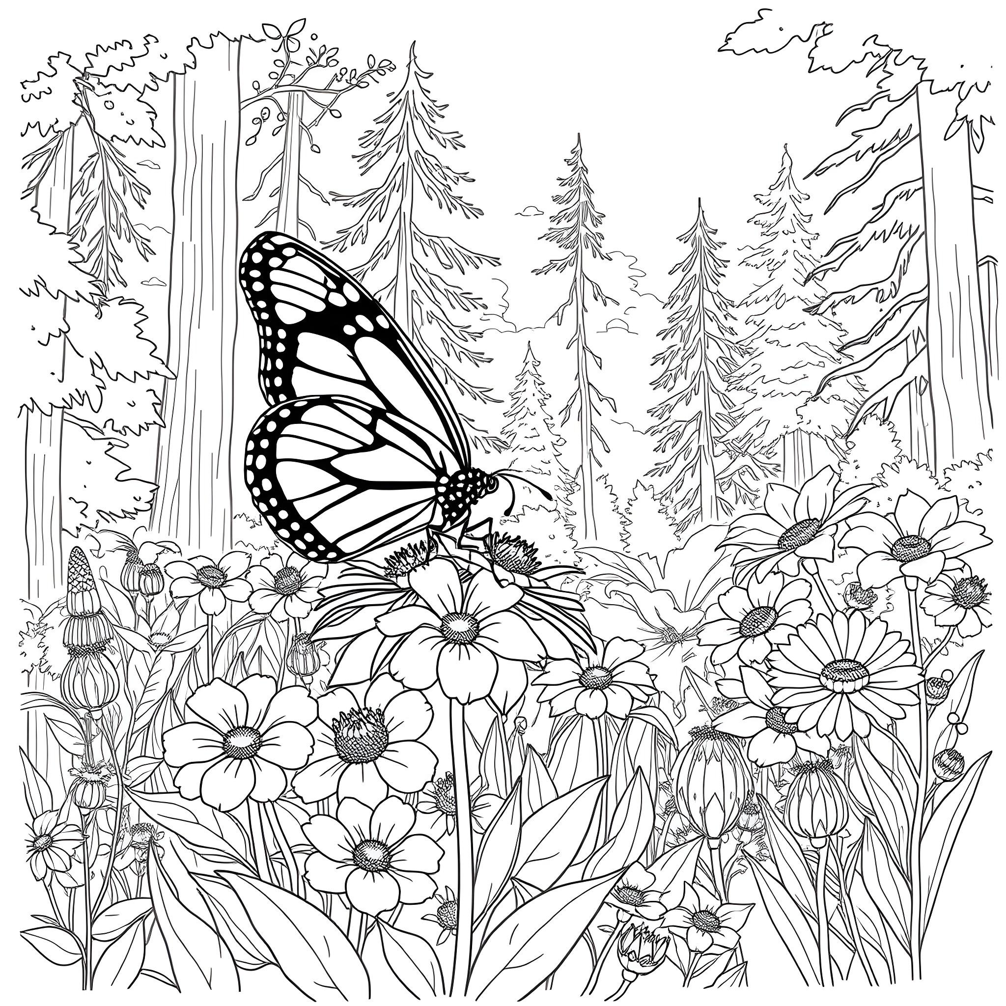 Butterfly in a Lush Forest Filled with Flowers Coloring Page (free black-and-white line drawing printable PDF for all, from beginners to advanced learners, including children, teens, adults, and seniors)