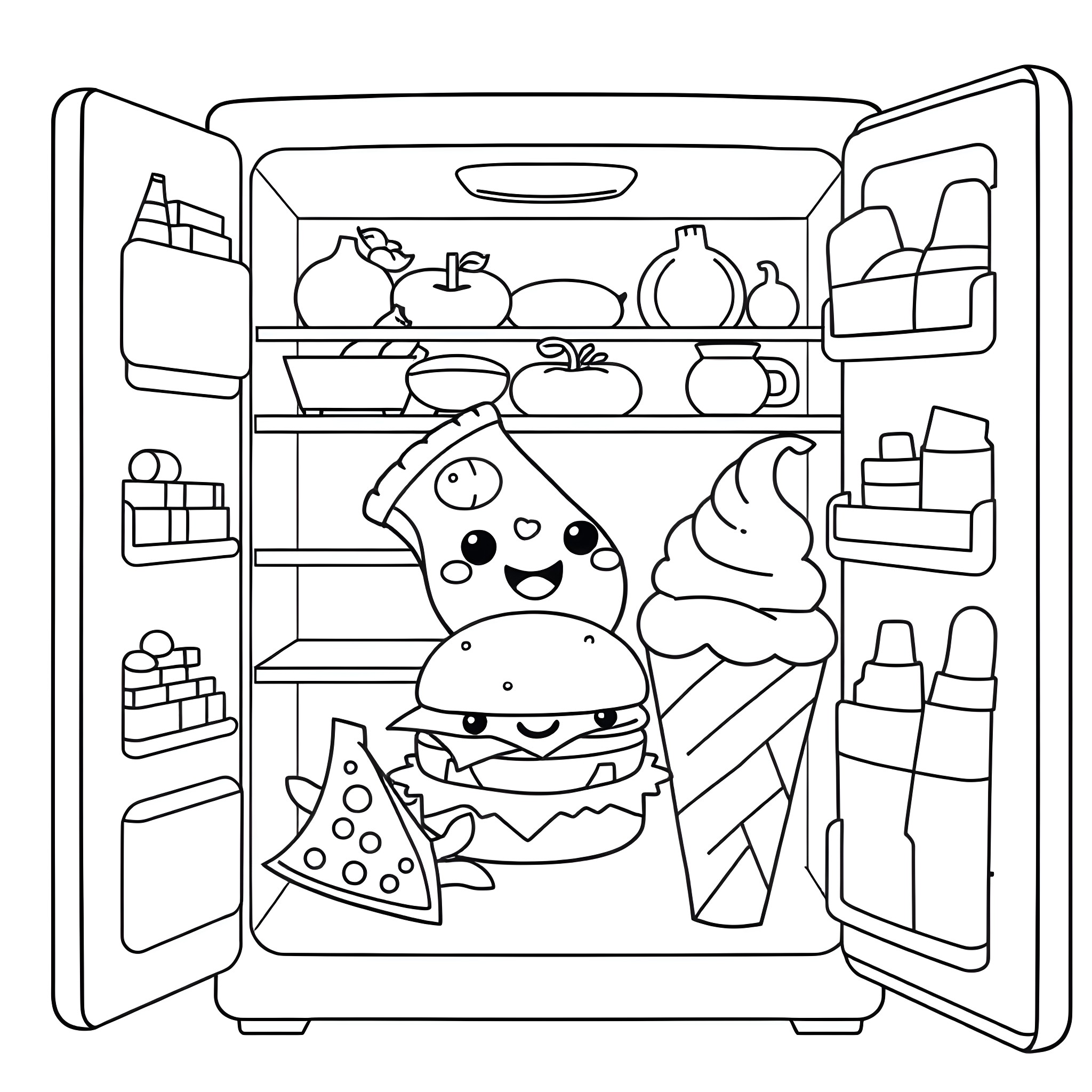 Food items and sweets in an open refrigerator Coloring Page (free black-and-white line drawing printable PDF for all, from beginners to advanced learners, including children, teens, adults, and seniors)
