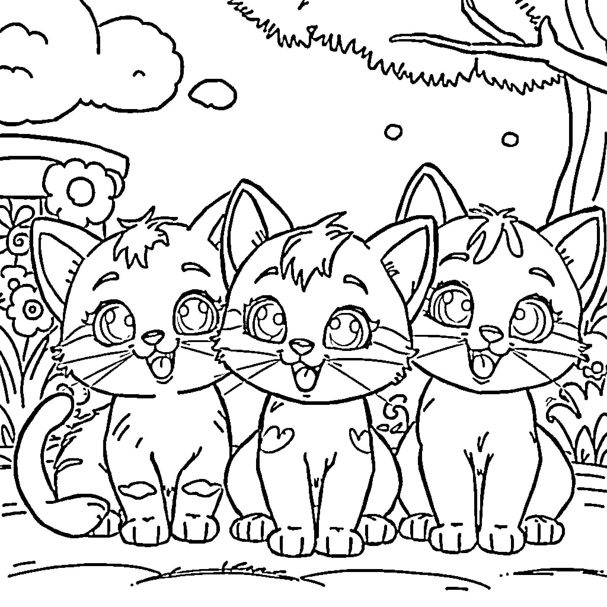 Kitty kittens playing together in the garden Coloring Page (free black-and-white line drawing printable PDF for all, from beginners to advanced learners, including children, teens, adults, and seniors)