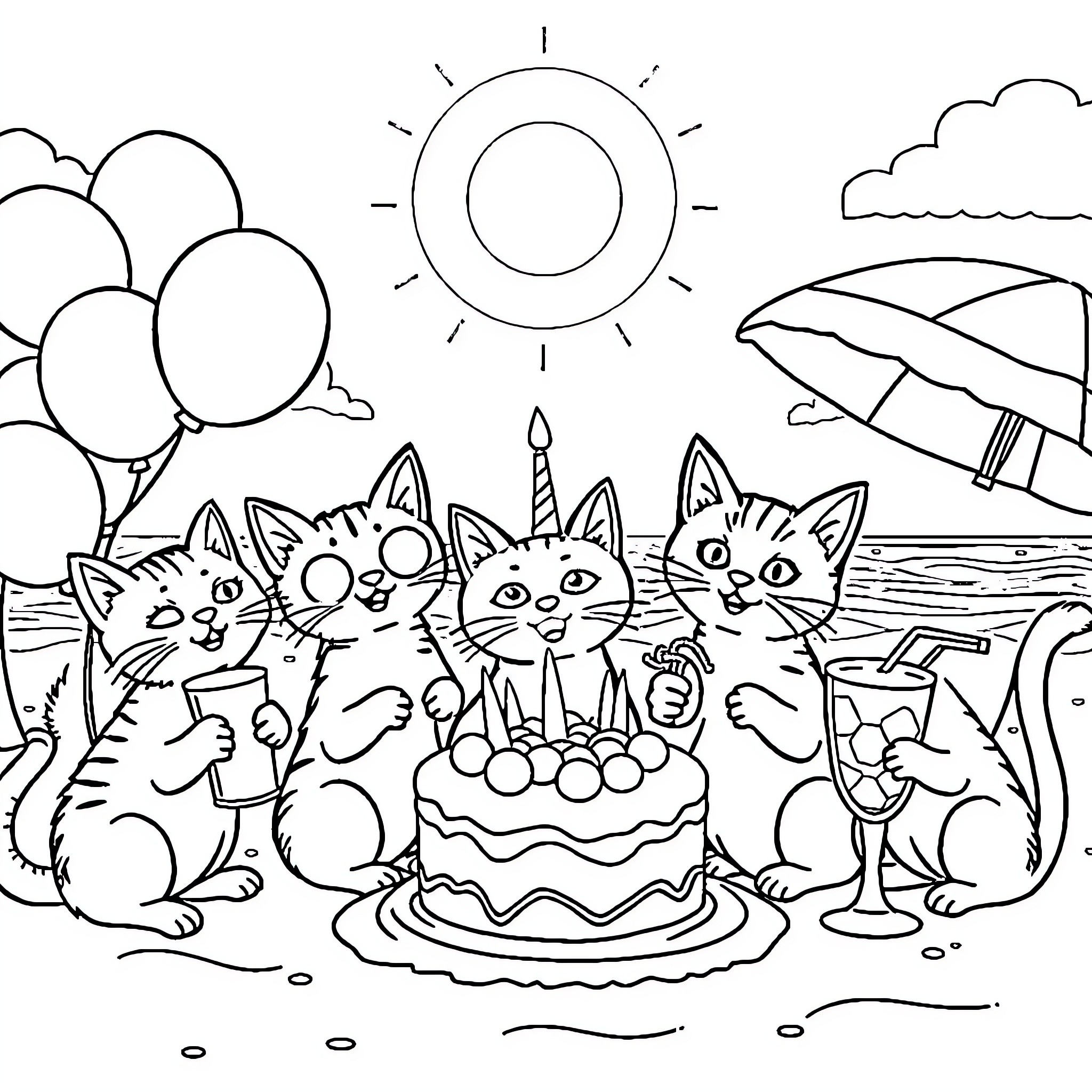 Cat party at the beach Coloring Page (free black-and-white line drawing printable PDF for all, from beginners to advanced learners, including children, teens, adults, and seniors)