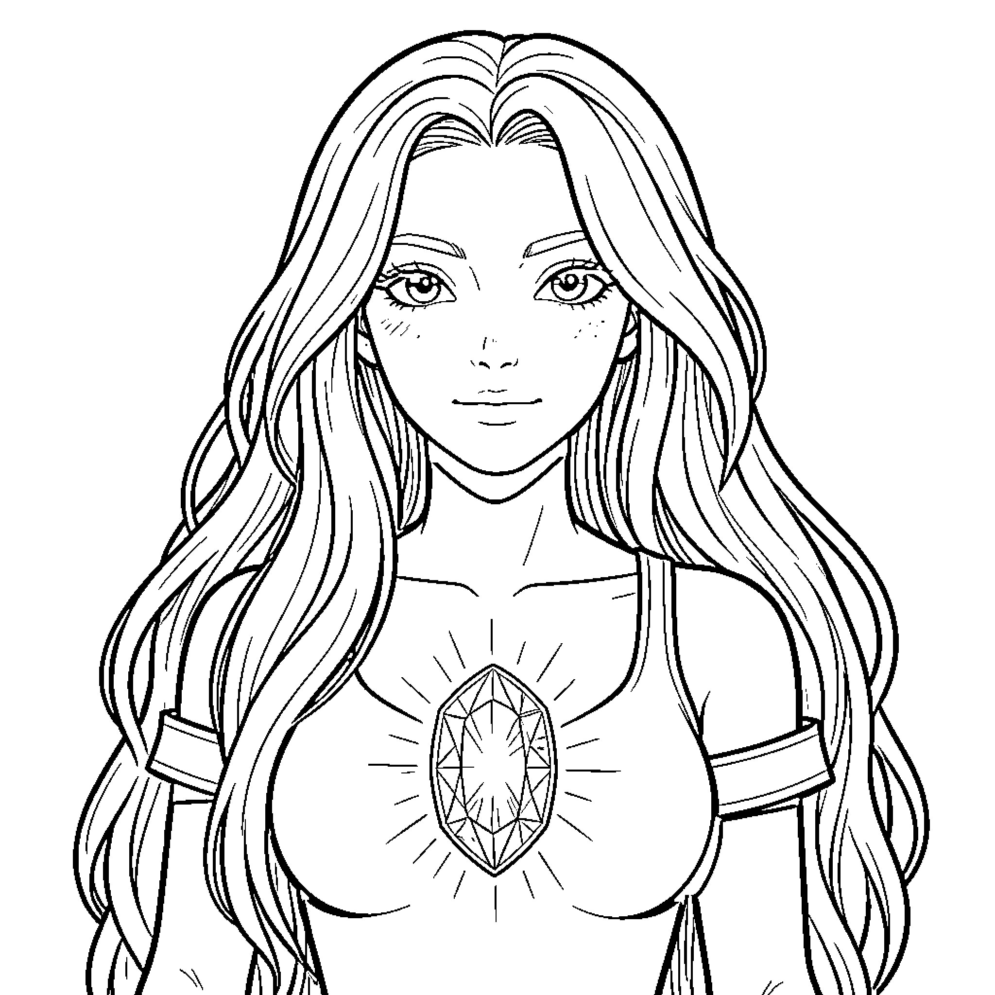 Girl with long flowing hair and pendant Coloring Page (free black-and-white line drawing printable PDF for all, from beginners to advanced learners, including children, teens, adults, and seniors)