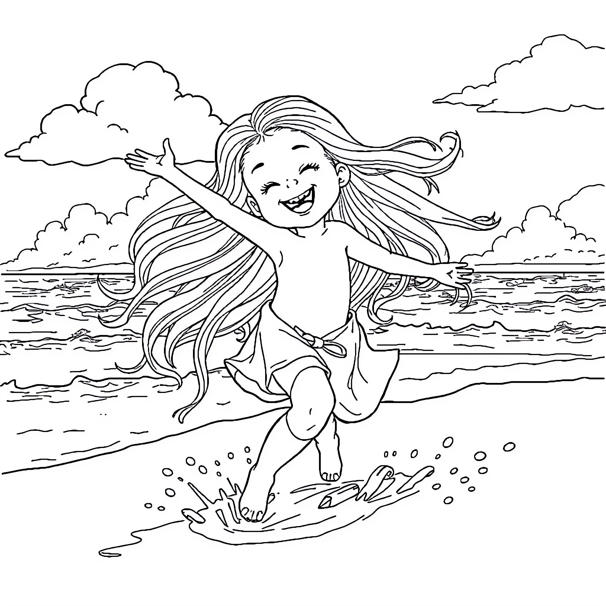 Rapunzel joyfully playing in the ocean waves Coloring Page (free black-and-white line drawing printable PDF for all, from beginners to advanced learners, including children, teens, adults, and seniors)