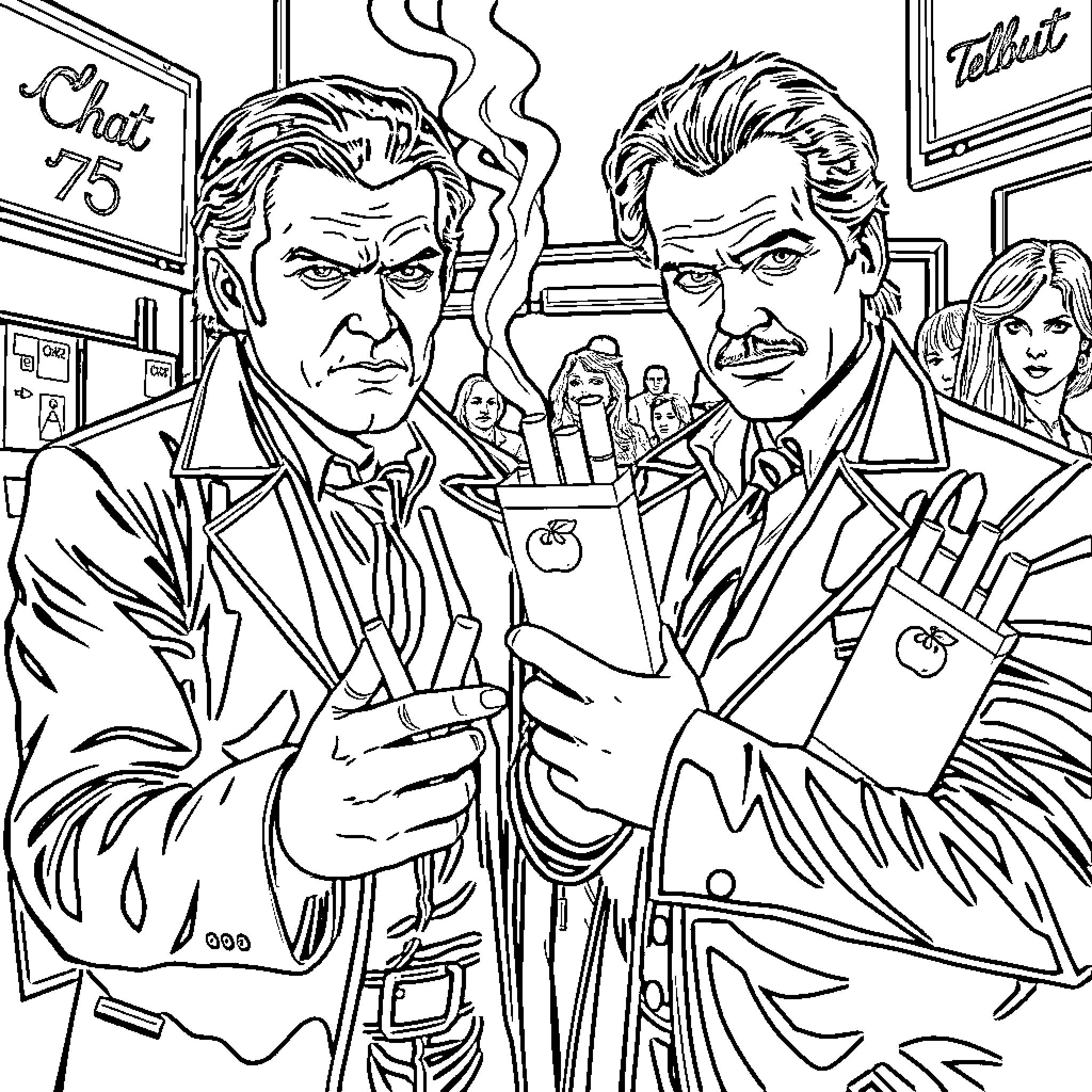 Apple Detectives Investigating a Mysterious Case Coloring Page (free black-and-white line drawing printable PDF for all, from beginners to advanced learners, including children, teens, adults, and seniors)