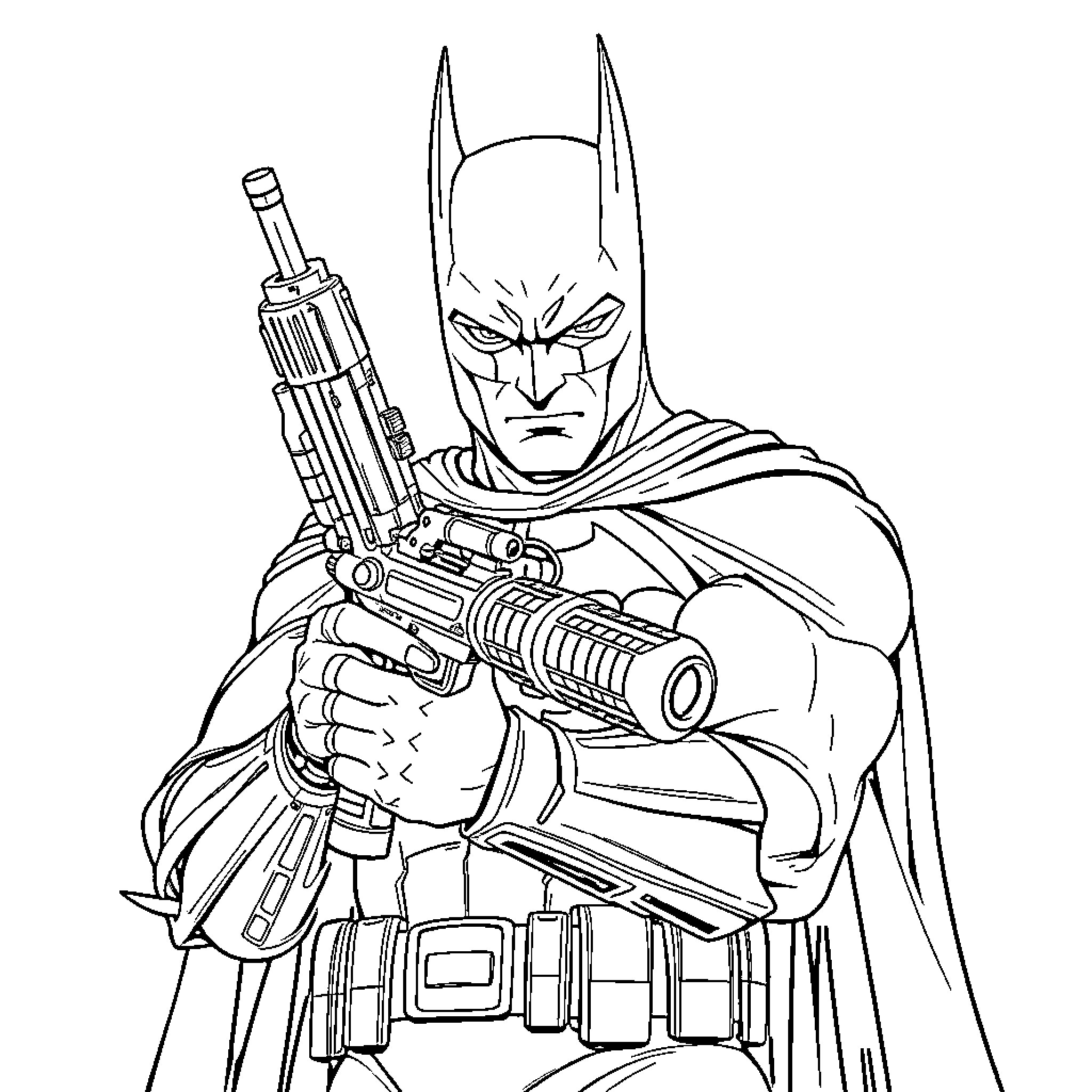 Batman wielding a powerful weapon with determination Coloring Page (free black-and-white line drawing printable PDF for all, from beginners to advanced learners, including children, teens, adults, and seniors)