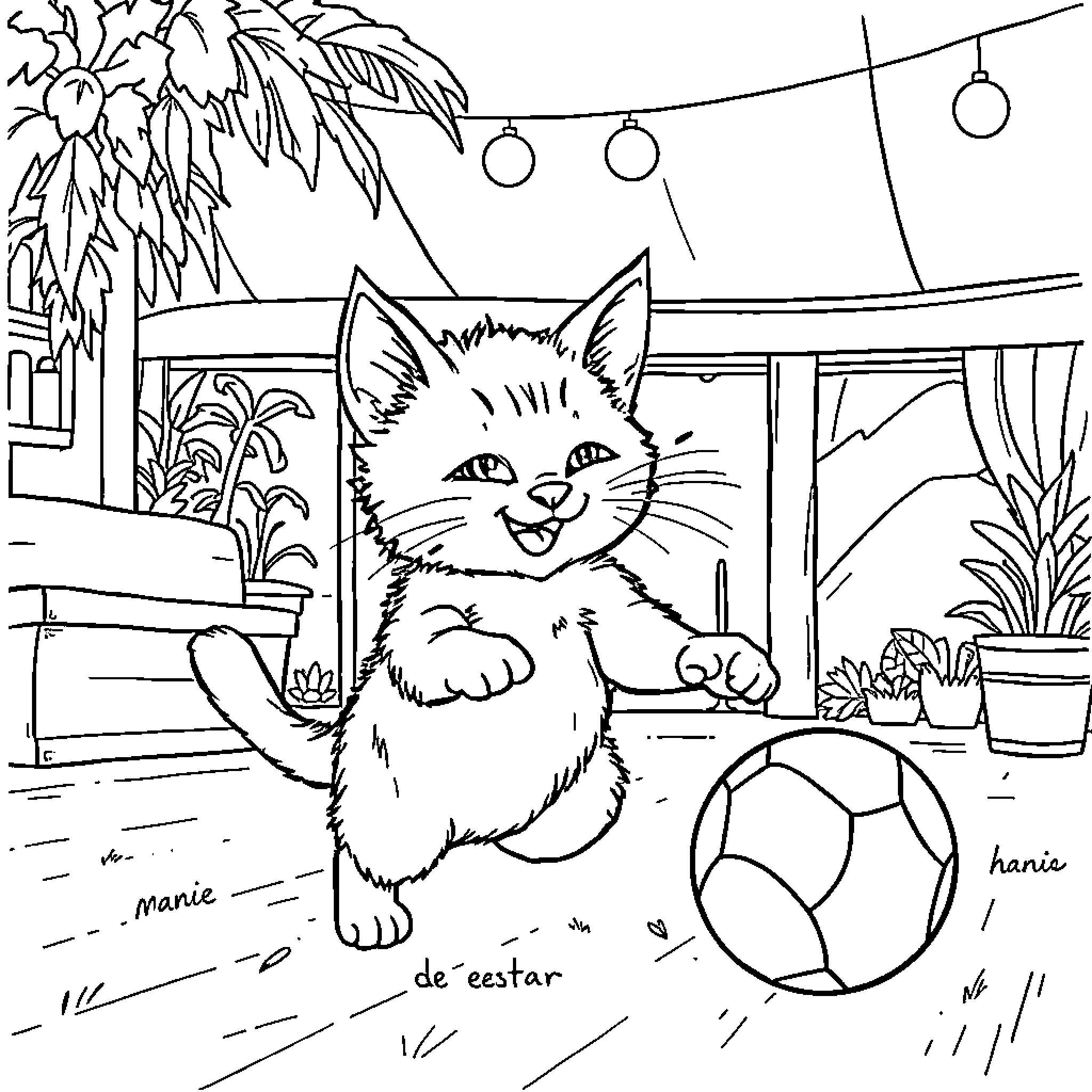 Cat Enjoying a Backyard Scene with Toys Coloring Page (free black-and-white line drawing printable PDF for all, from beginners to advanced learners, including children, teens, adults, and seniors)