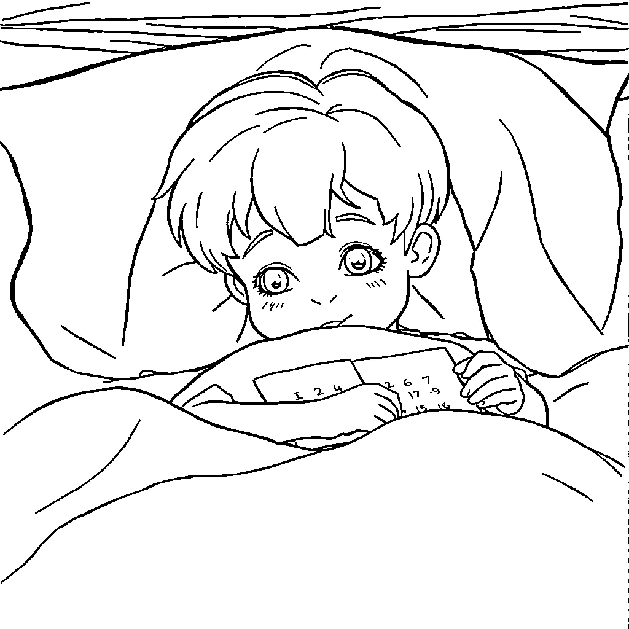Child sleeping peacefully in bed Coloring Page (free black-and-white line drawing printable PDF for all, from beginners to advanced learners, including children, teens, adults, and seniors)