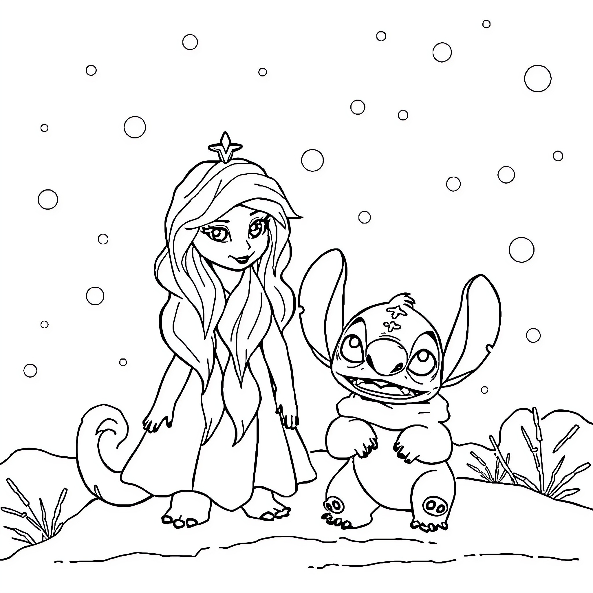 Queen and her Companion Explore the Snowy Landscape Coloring Page (free black-and-white line drawing printable PDF for all, from beginners to advanced learners, including children, teens, adults, and seniors)