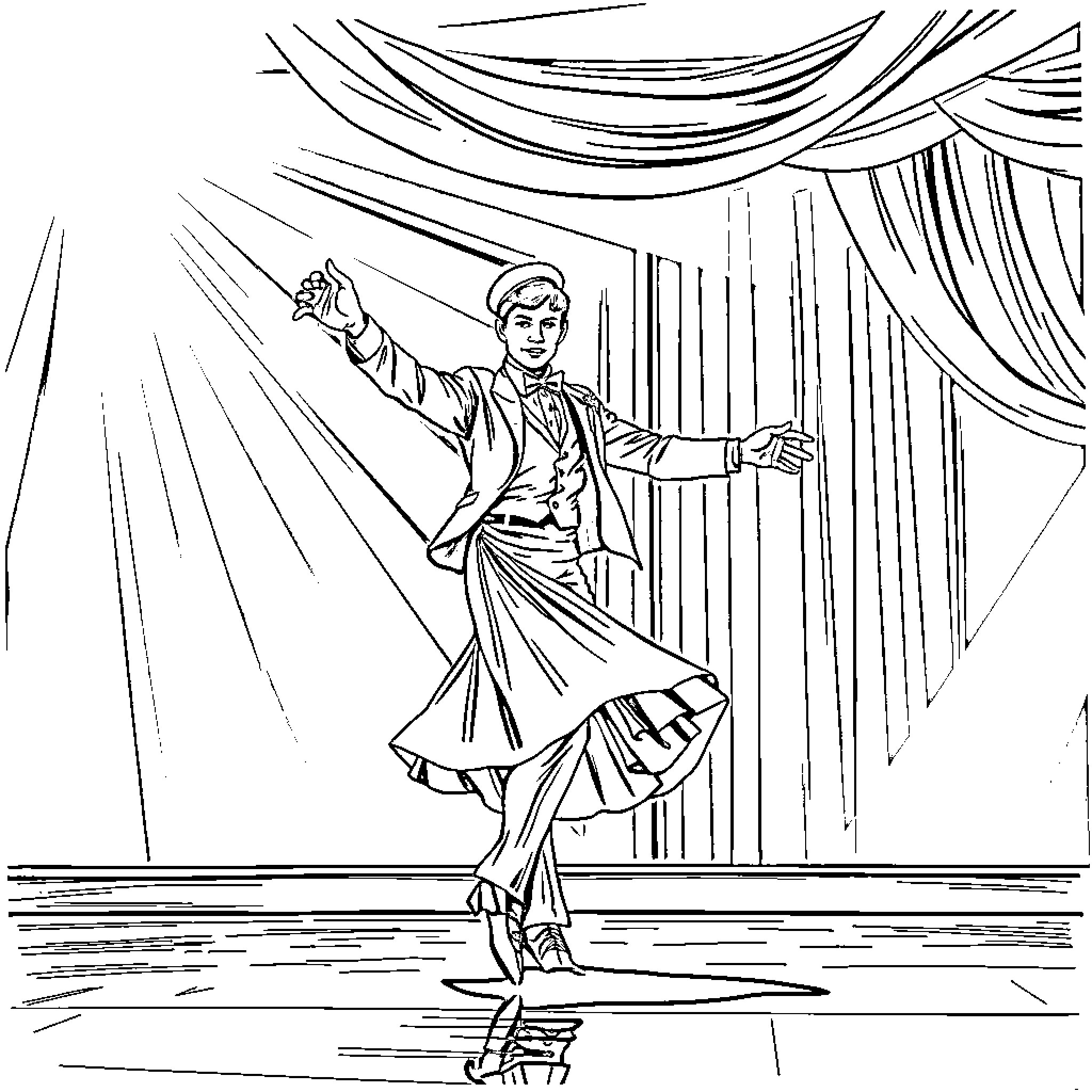 Lion dancer performs on stage with curtains Coloring Page (free black-and-white line drawing printable PDF for all, from beginners to advanced learners, including children, teens, adults, and seniors)
