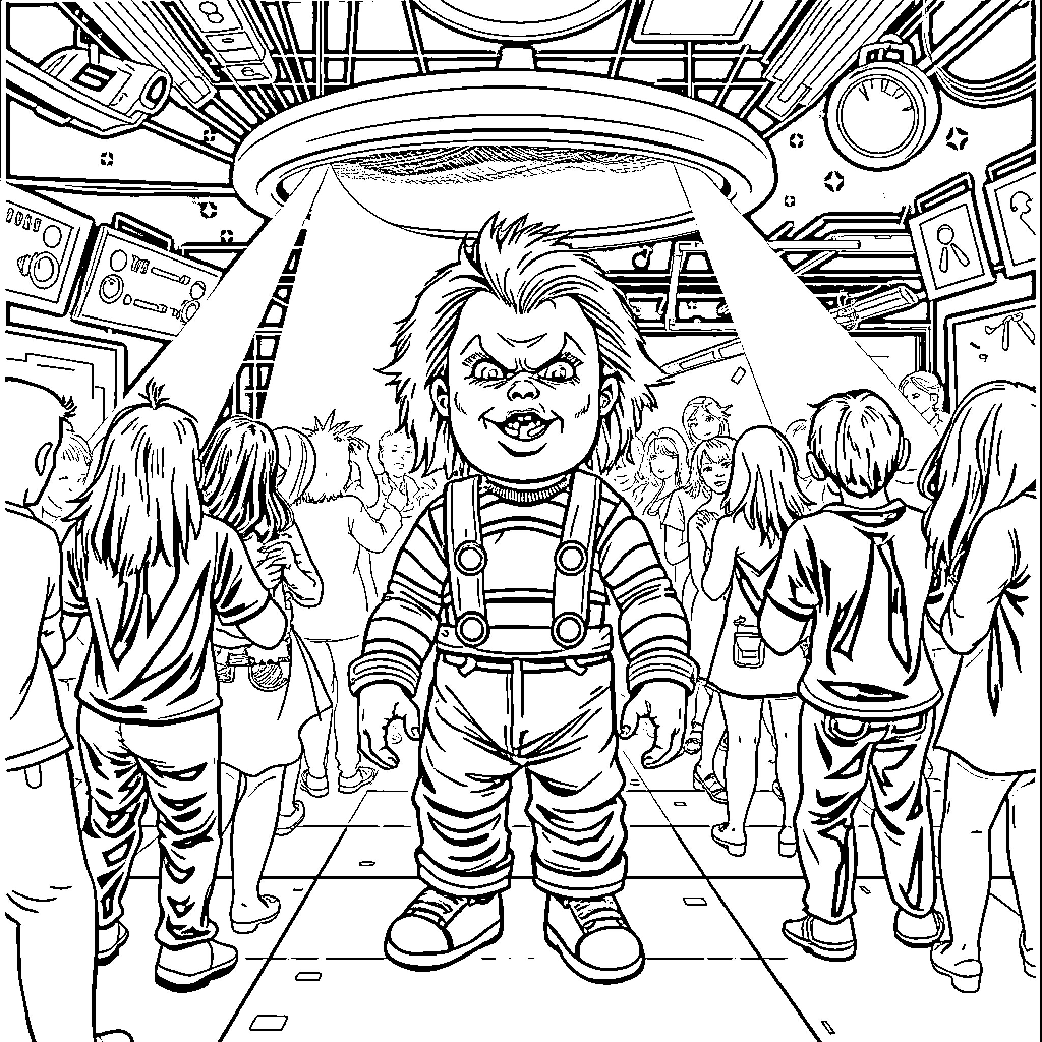 Chucky's Sinister Encounter in the Crowded Space Coloring Page (free black-and-white line drawing printable PDF for all, from beginners to advanced learners, including children, teens, adults, and seniors)
