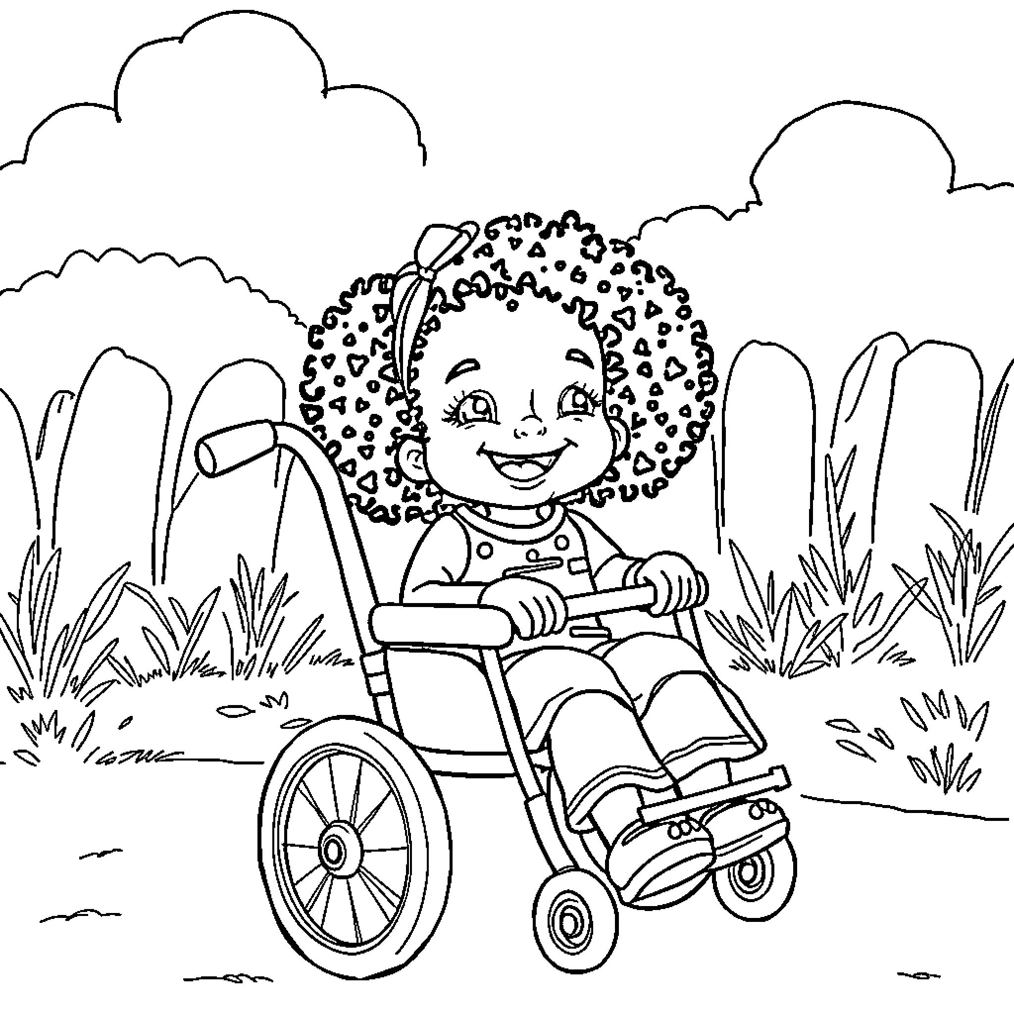 Fille playing happily in the park with mobility aid Coloring Page (free black-and-white line drawing printable PDF for all, from beginners to advanced learners, including children, teens, adults, and seniors)