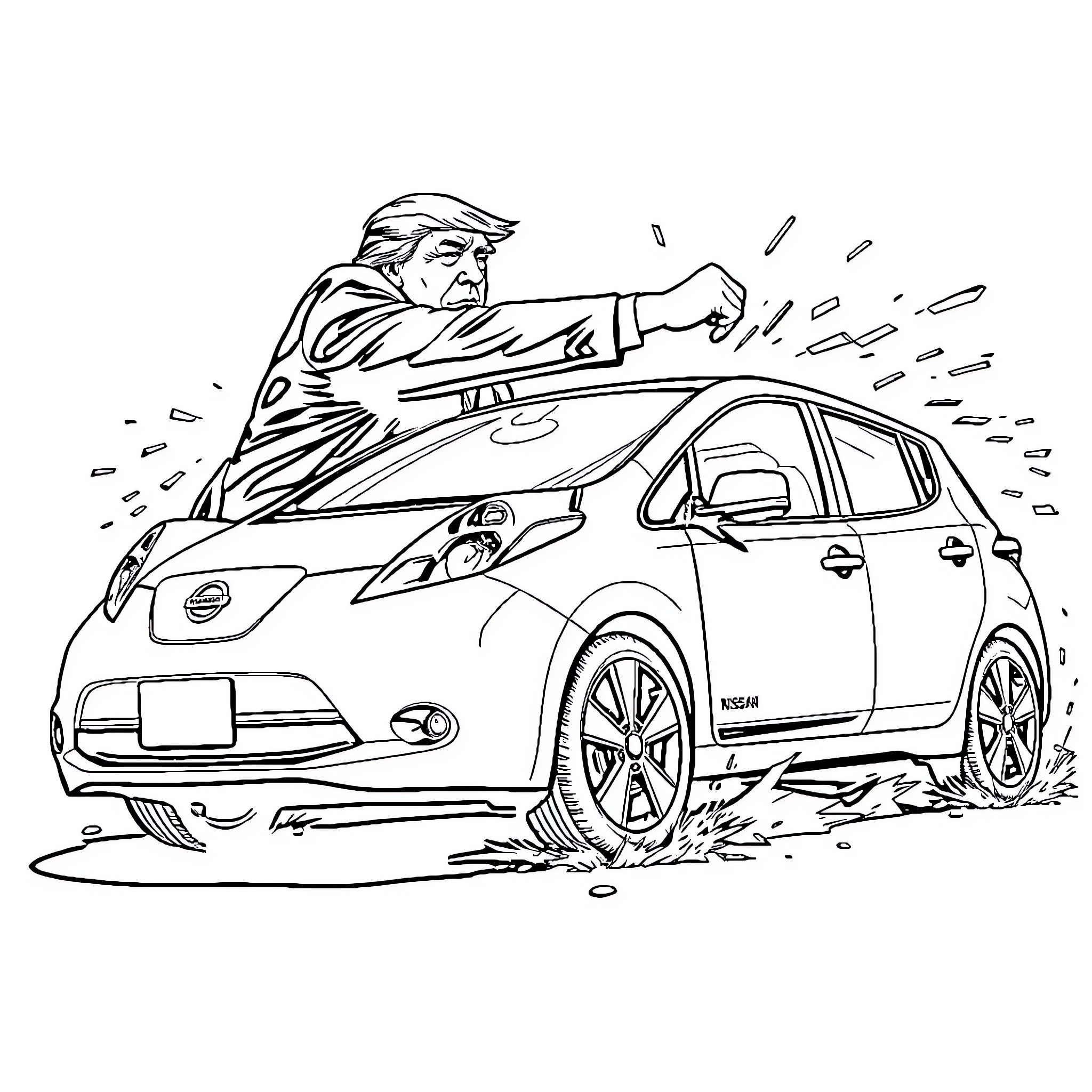 Trump angrily gestures while standing next to a car Coloring Page (free black-and-white line drawing printable PDF for all, from beginners to advanced learners, including children, teens, adults, and seniors)