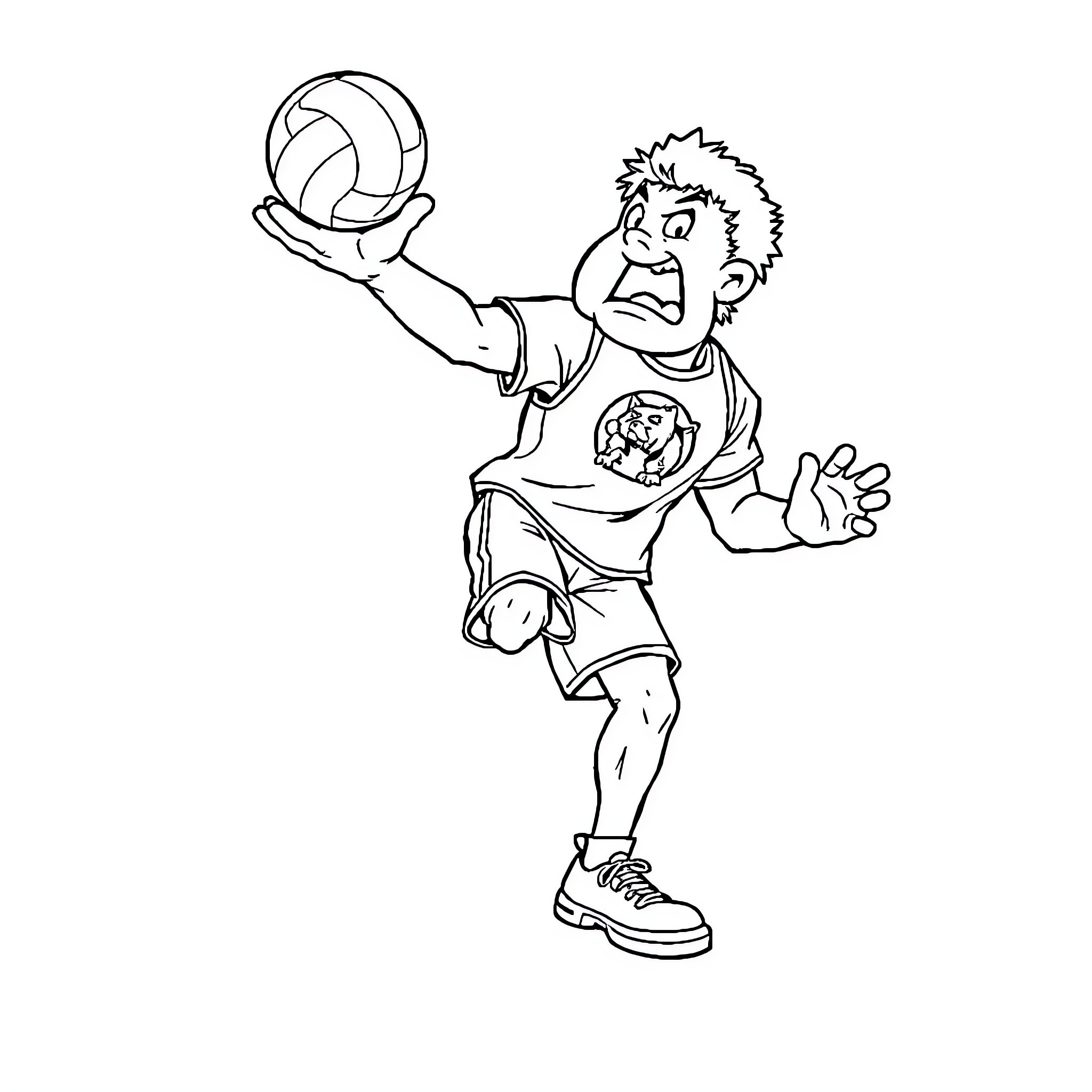 Bigfoot playing volleyball enthusiastically Coloring Page (free black-and-white line drawing printable PDF for all, from beginners to advanced learners, including children, teens, adults, and seniors)