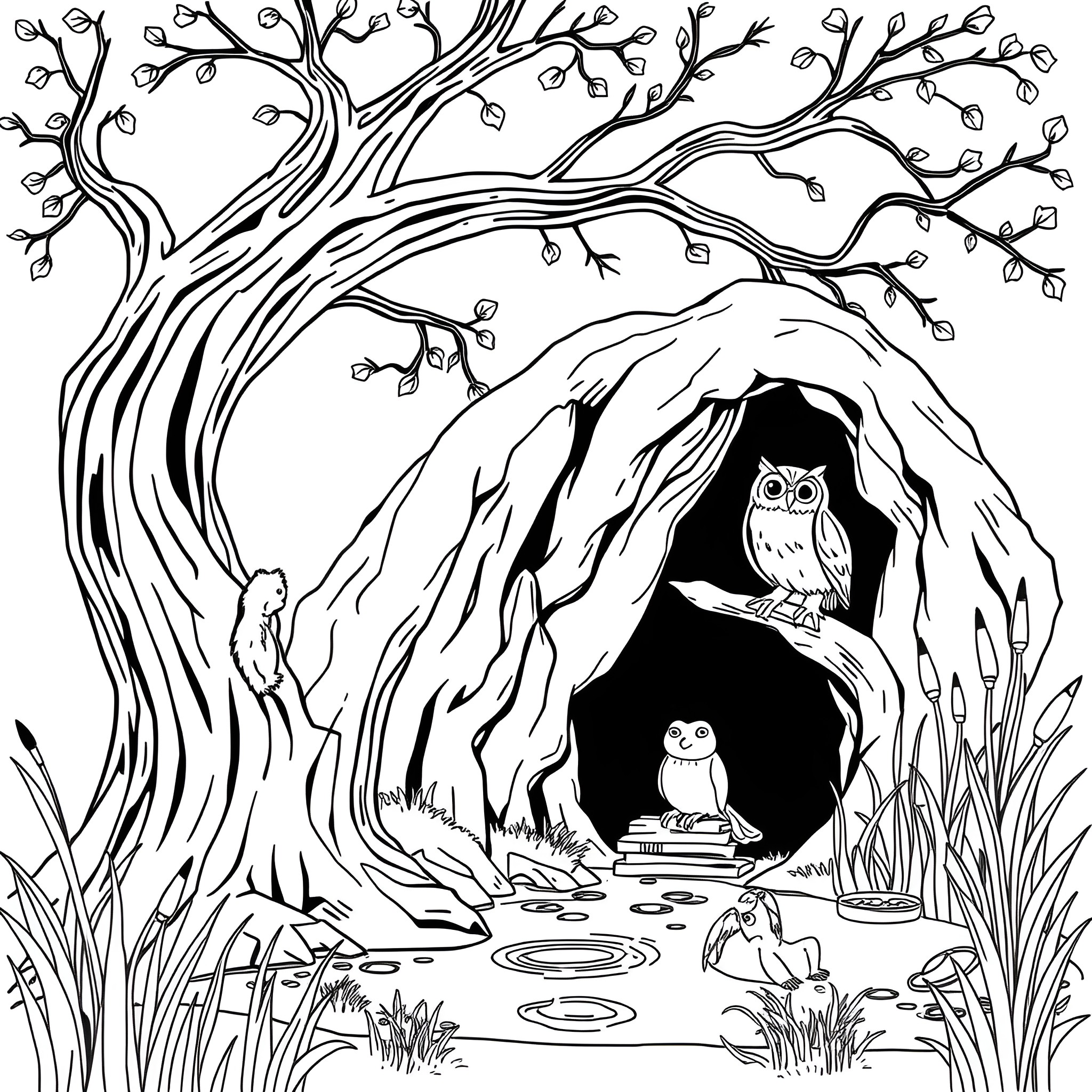 Animal Home: Owls in a cozy cave under the tree Coloring Page (free black-and-white line drawing printable PDF for all, from beginners to advanced learners, including children, teens, adults, and seniors)
