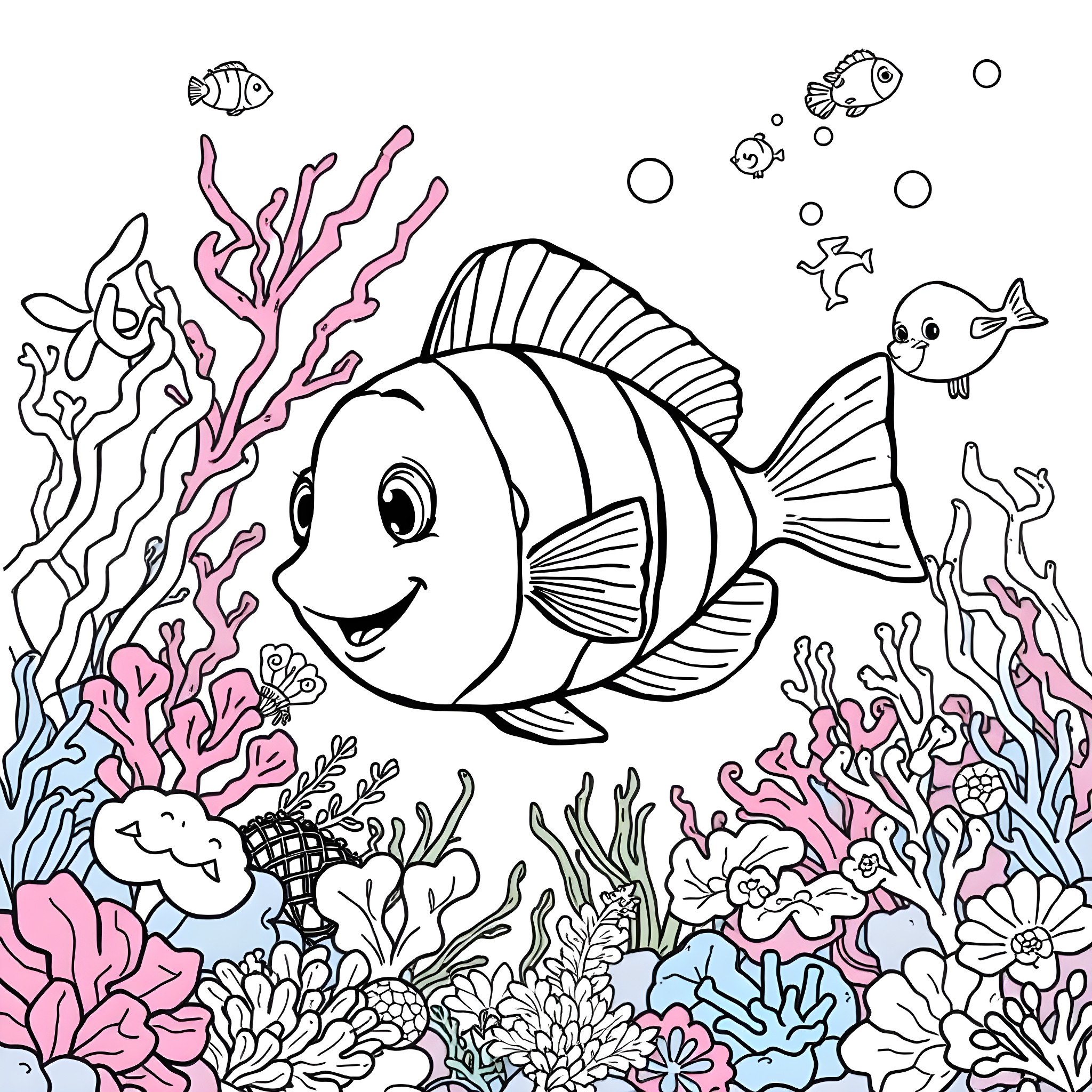 Flounder swimming through a colorful coral reef Coloring Page (free black-and-white line drawing printable PDF for all, from beginners to advanced learners, including children, teens, adults, and seniors)