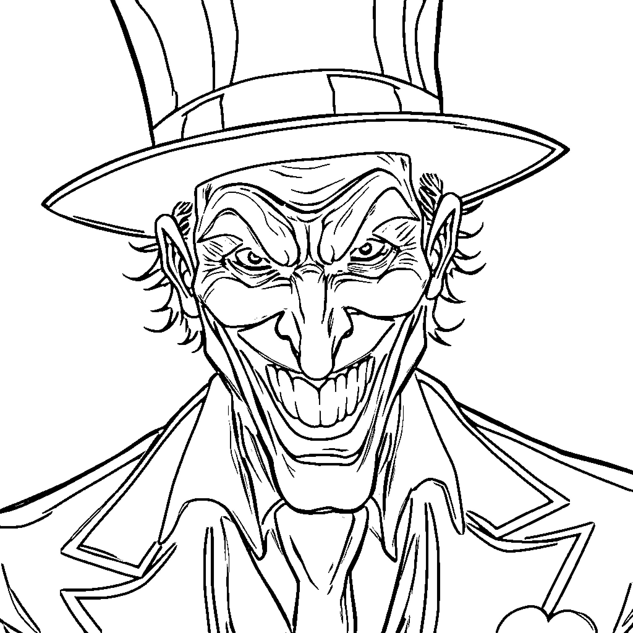 Joker wearing a top hat with a sinister grin Coloring Page (free black-and-white line drawing printable PDF for all, from beginners to advanced learners, including children, teens, adults, and seniors)
