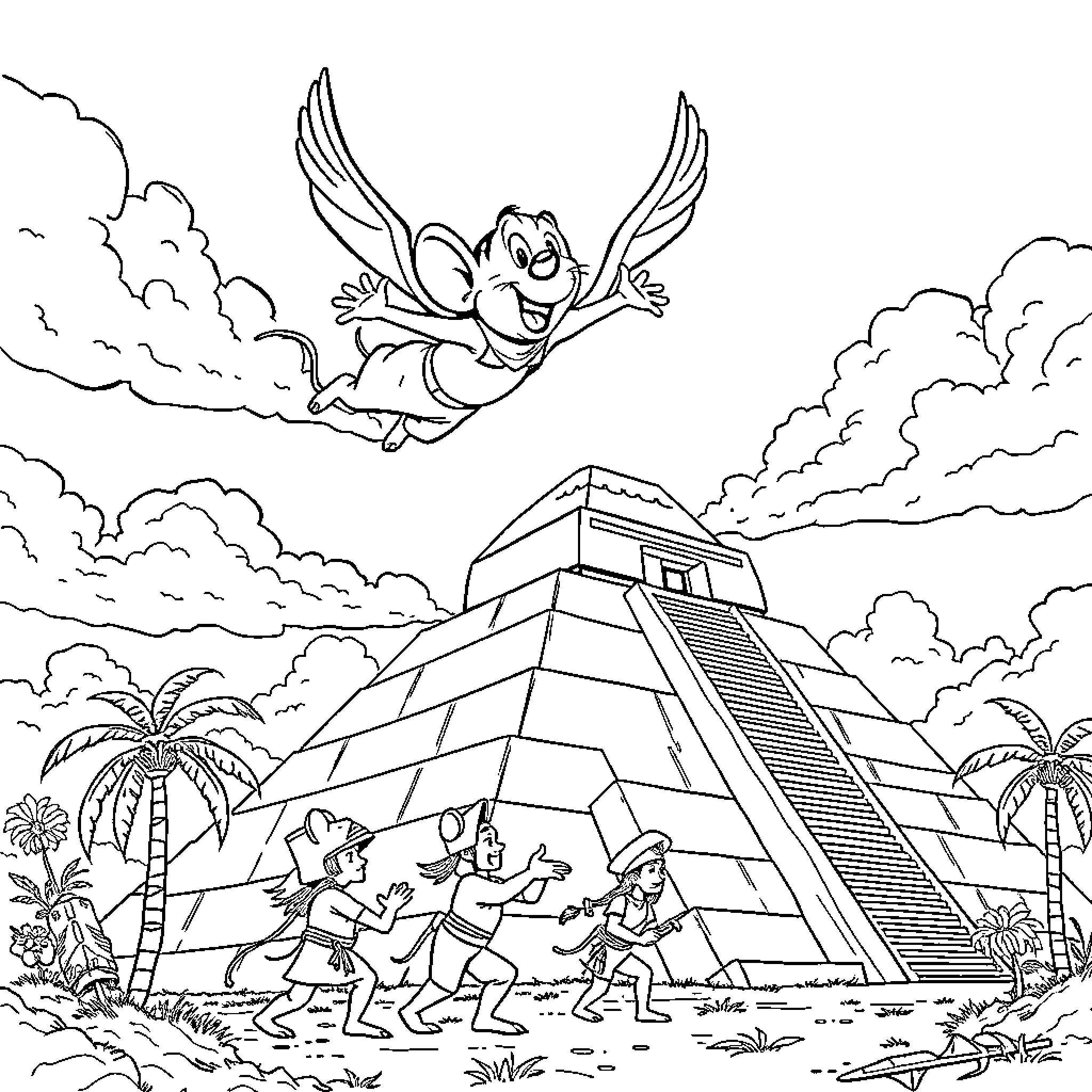 Mouse flying joyfully over ancient Mayan ruins Coloring Page (free black-and-white line drawing printable PDF for all, from beginners to advanced learners, including children, teens, adults, and seniors)