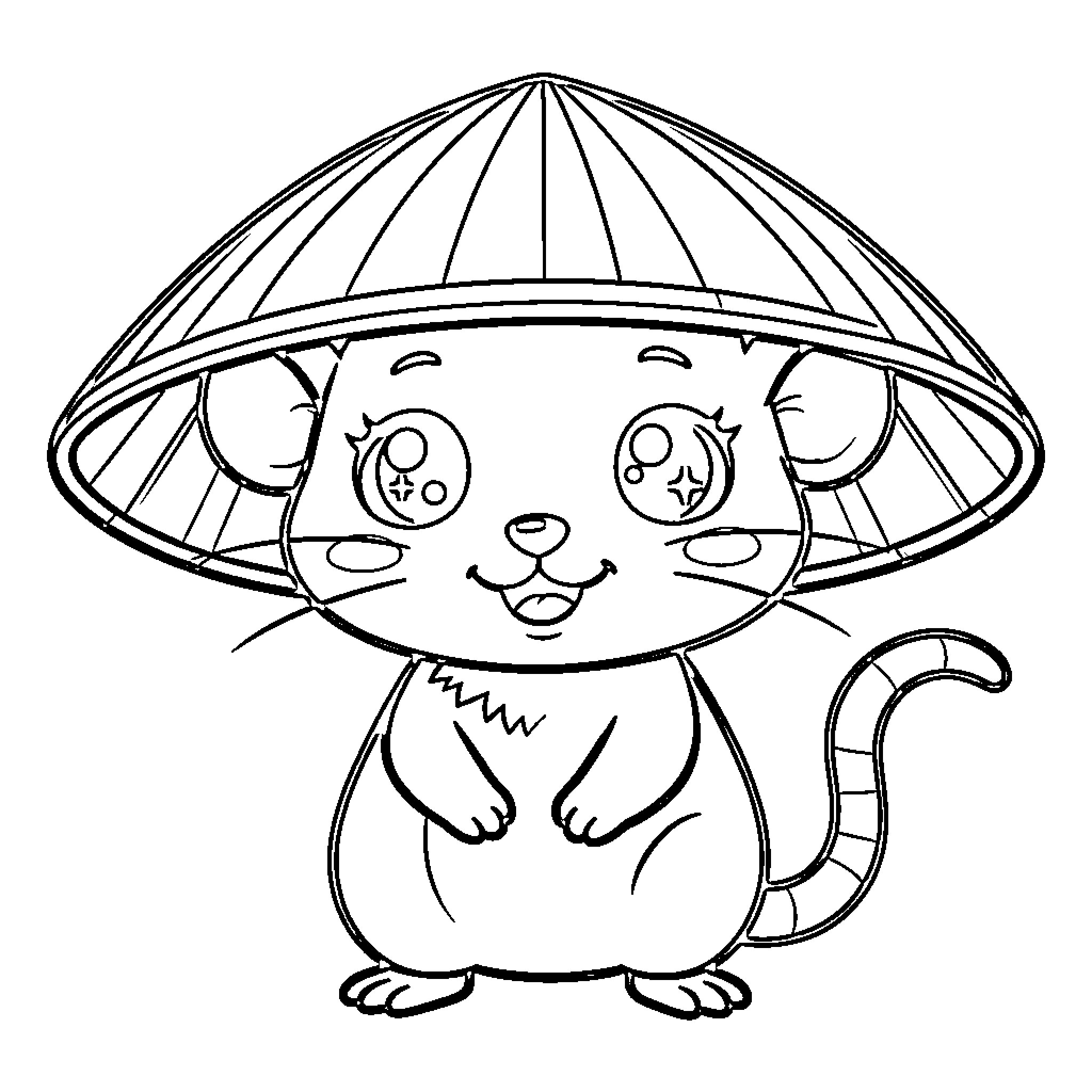 Rat wearing an adorable hat in a whimsical scene Coloring Page (free black-and-white line drawing printable PDF for all, from beginners to advanced learners, including children, teens, adults, and seniors)